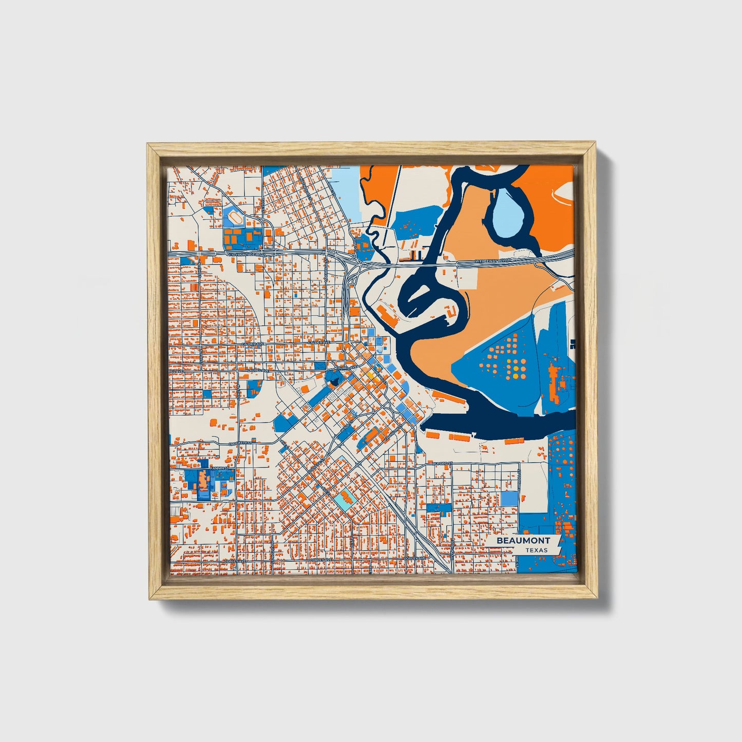 Beaumont Texas Colorful City Map Canvas Print • Natural Wooden Framed