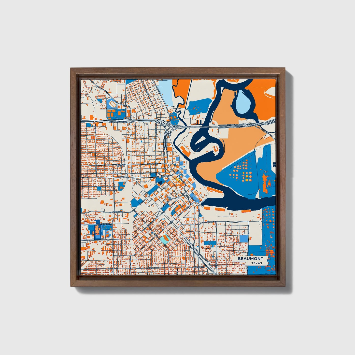 Beaumont Texas Colorful City Map Canvas Print • Dark Wooden Framed
