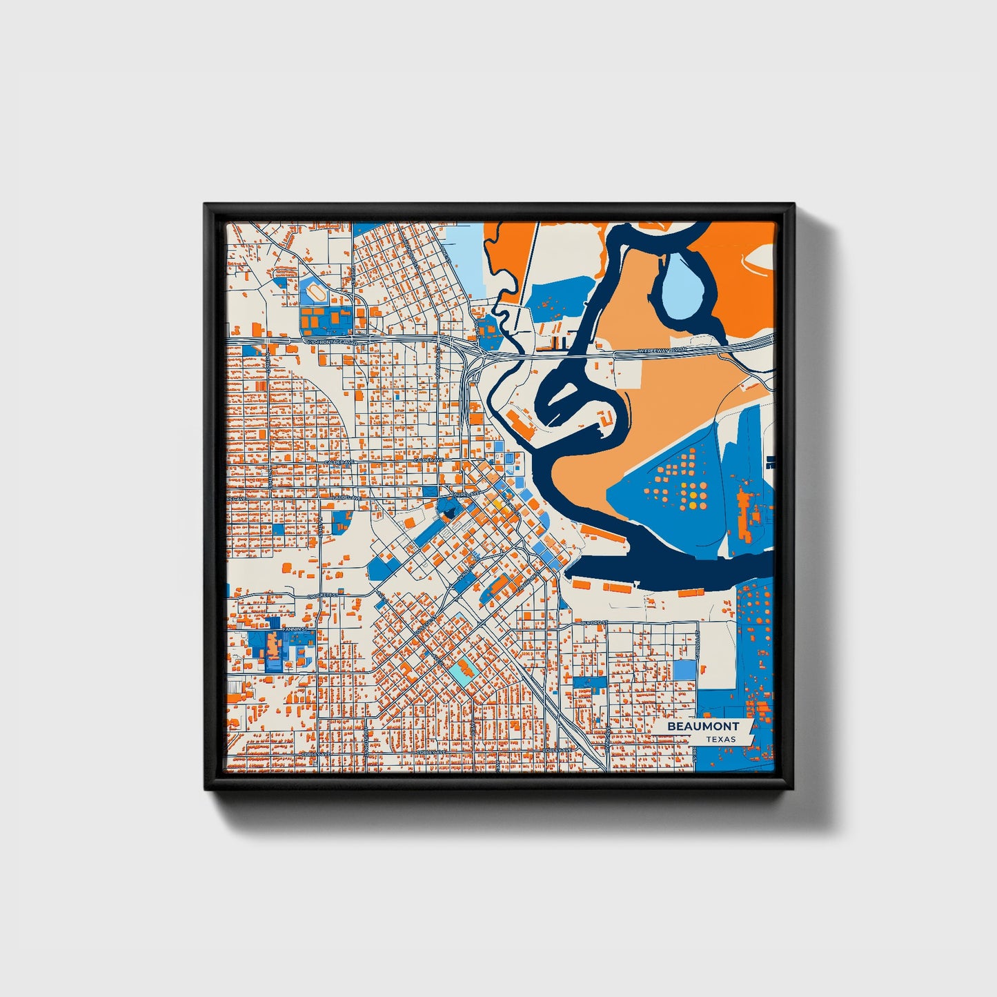 Beaumont Texas Colorful City Map Canvas Print • Black Framed