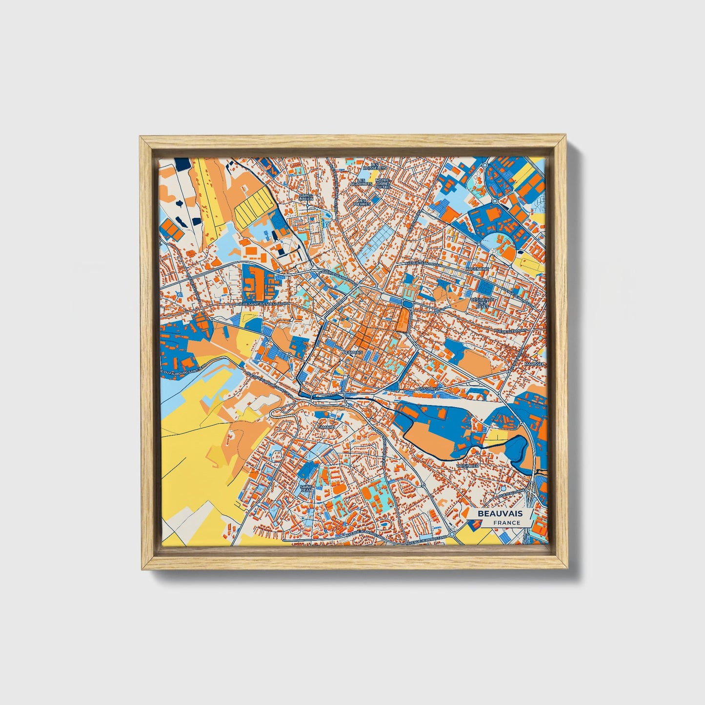Beauvais France Colorful City Map Canvas Print • Natural Wooden Framed