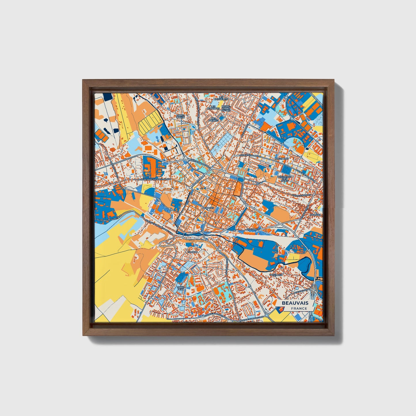 Beauvais France Colorful City Map Canvas Print • Dark Wooden Framed