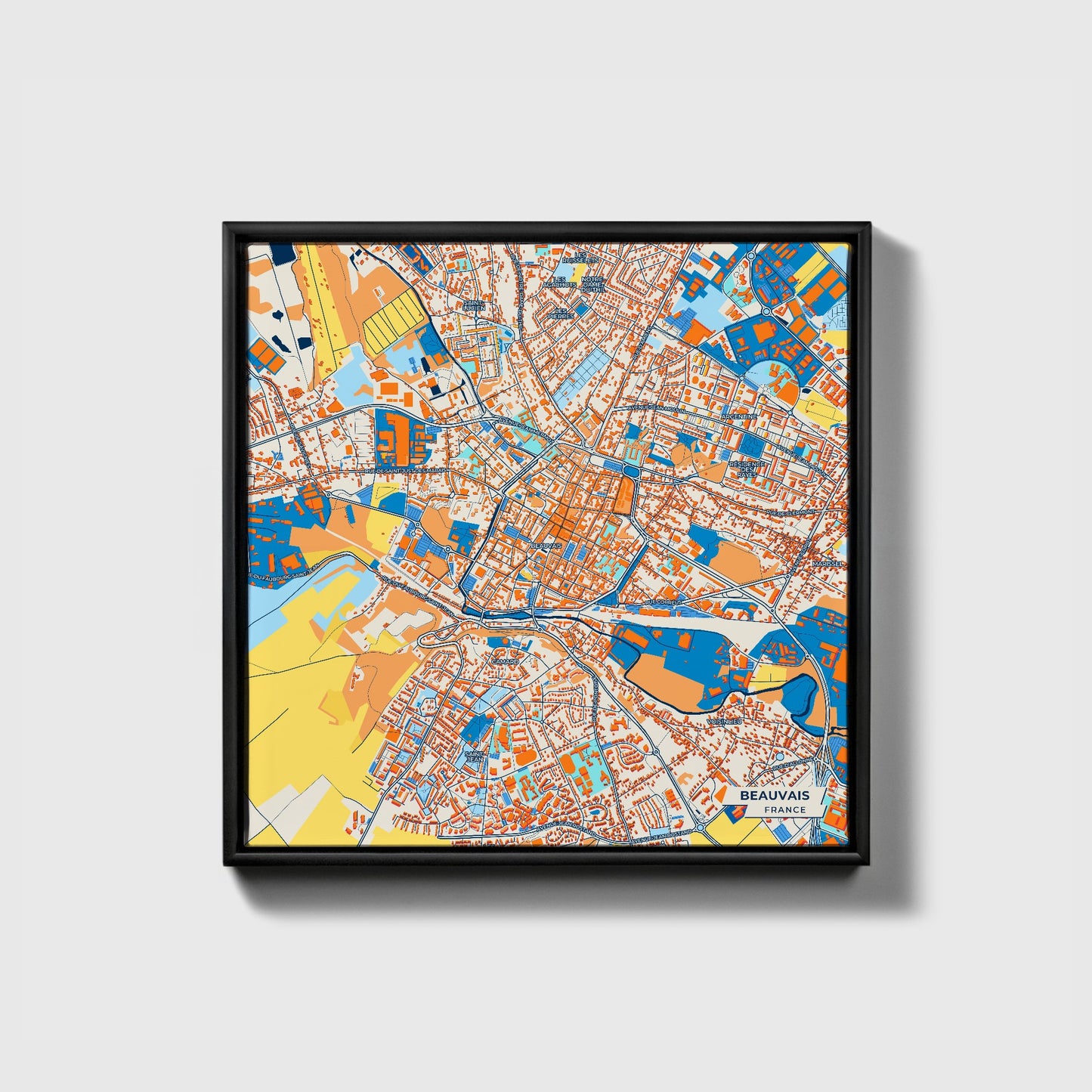 Beauvais France Colorful City Map Canvas Print • Black Framed