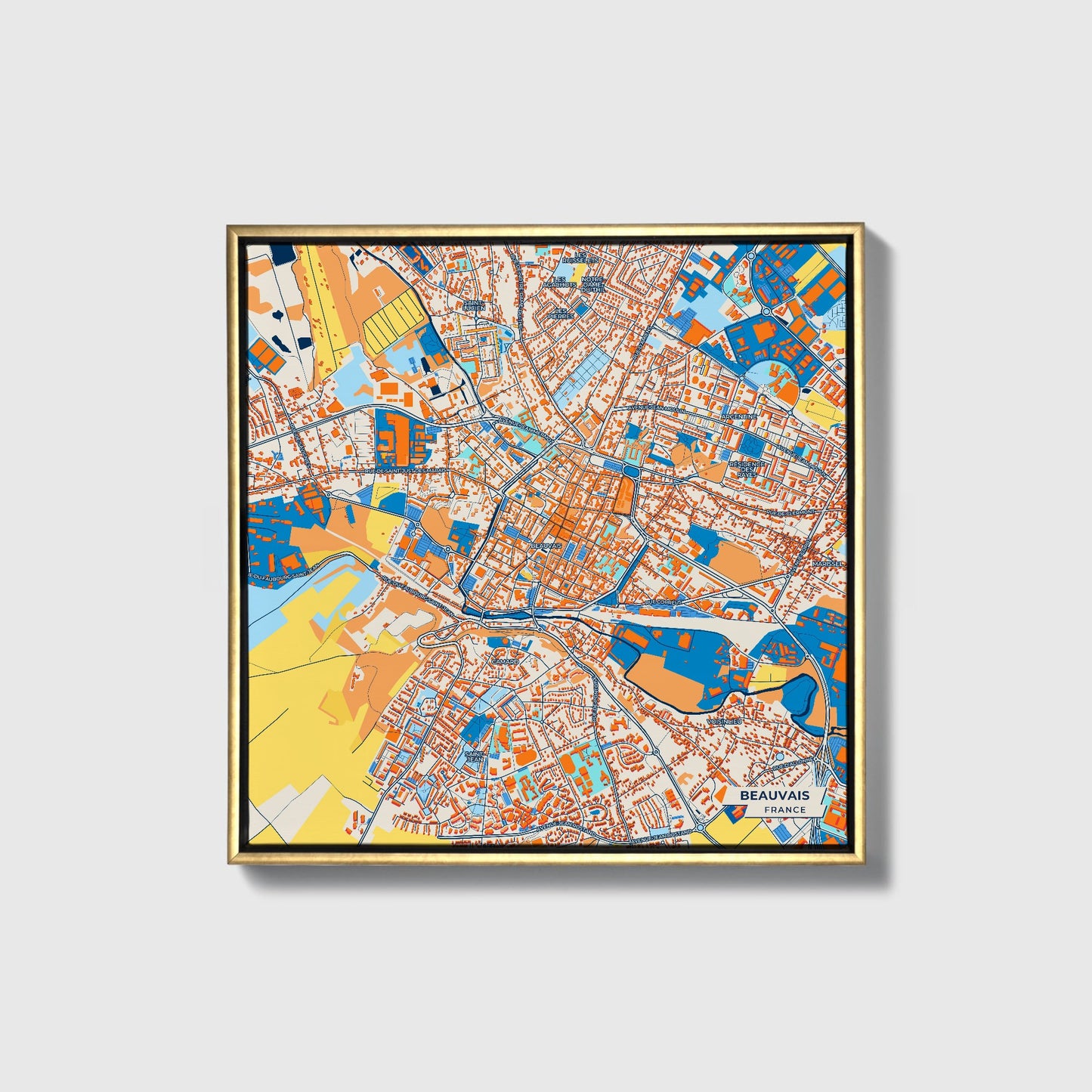 Beauvais France Colorful City Map Canvas Print • Gold Framed