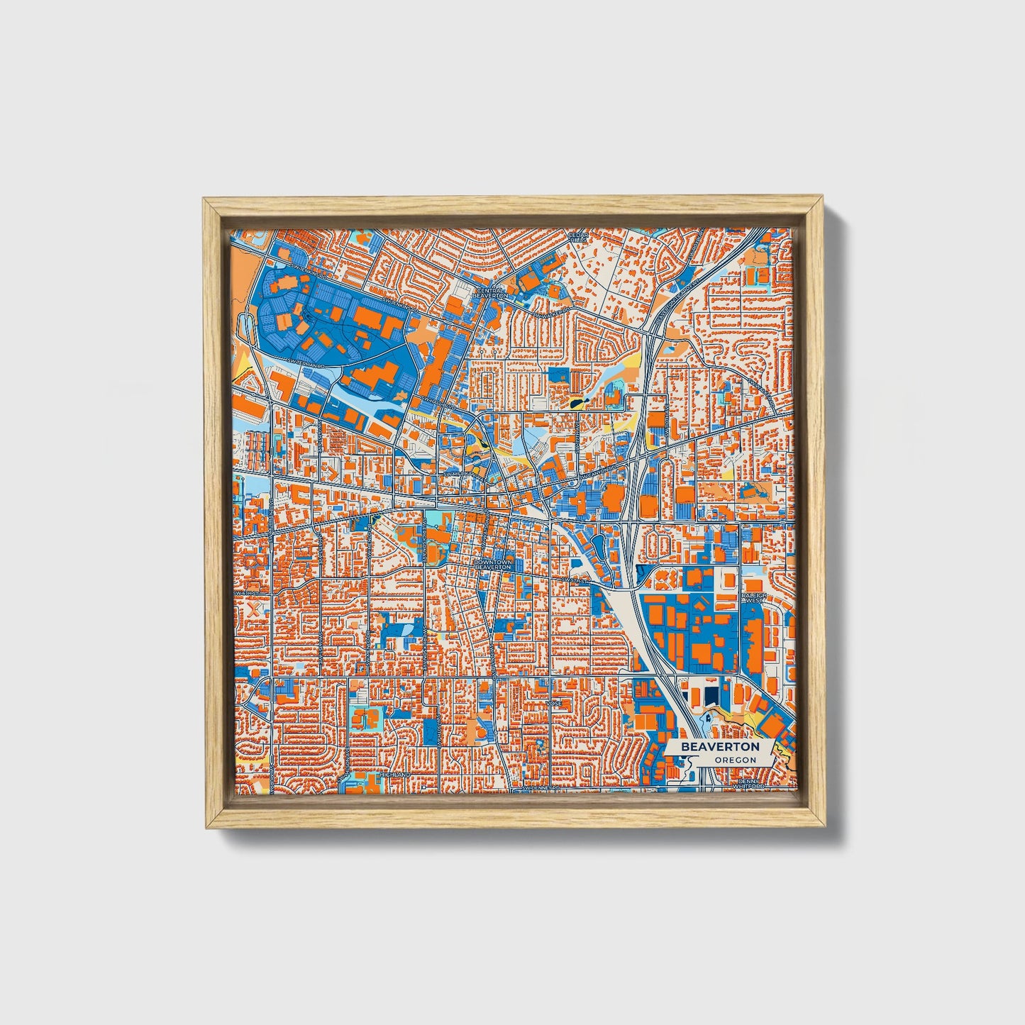 Beaverton Oregon Colorful City Map Canvas Print • Natural Wooden Framed