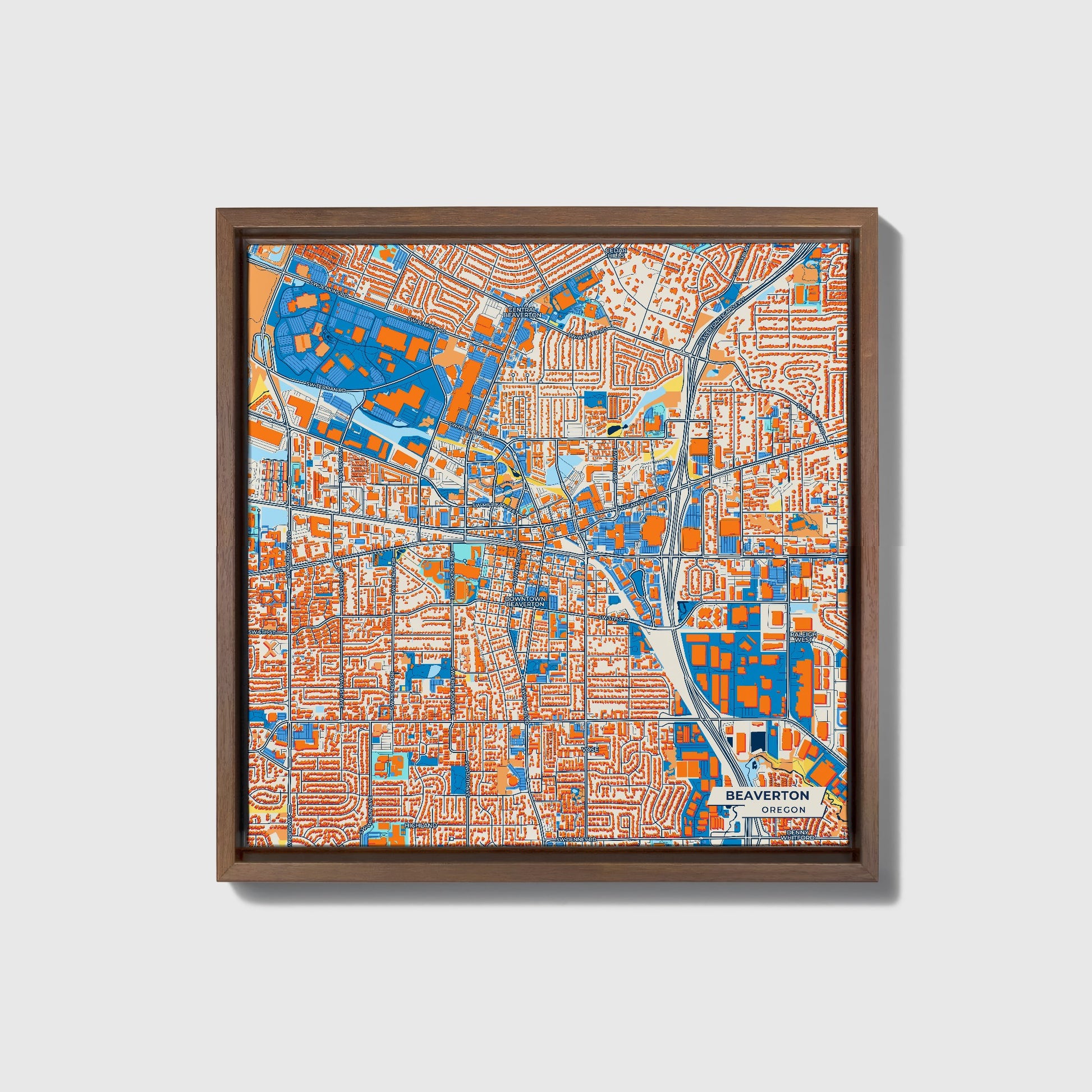 Beaverton Oregon Colorful City Map Canvas Print • Dark Wooden Framed