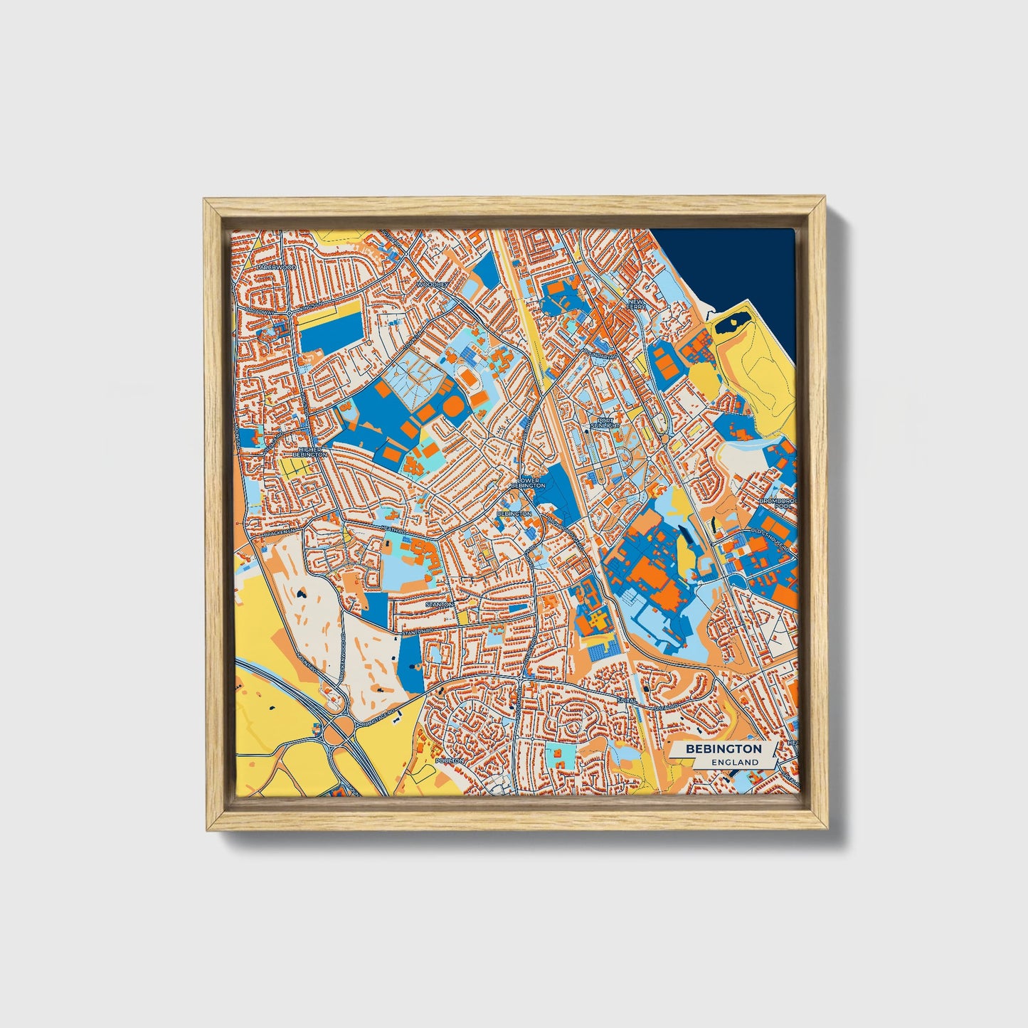 Bebington England Colorful City Map Canvas Print • Natural Wooden Framed