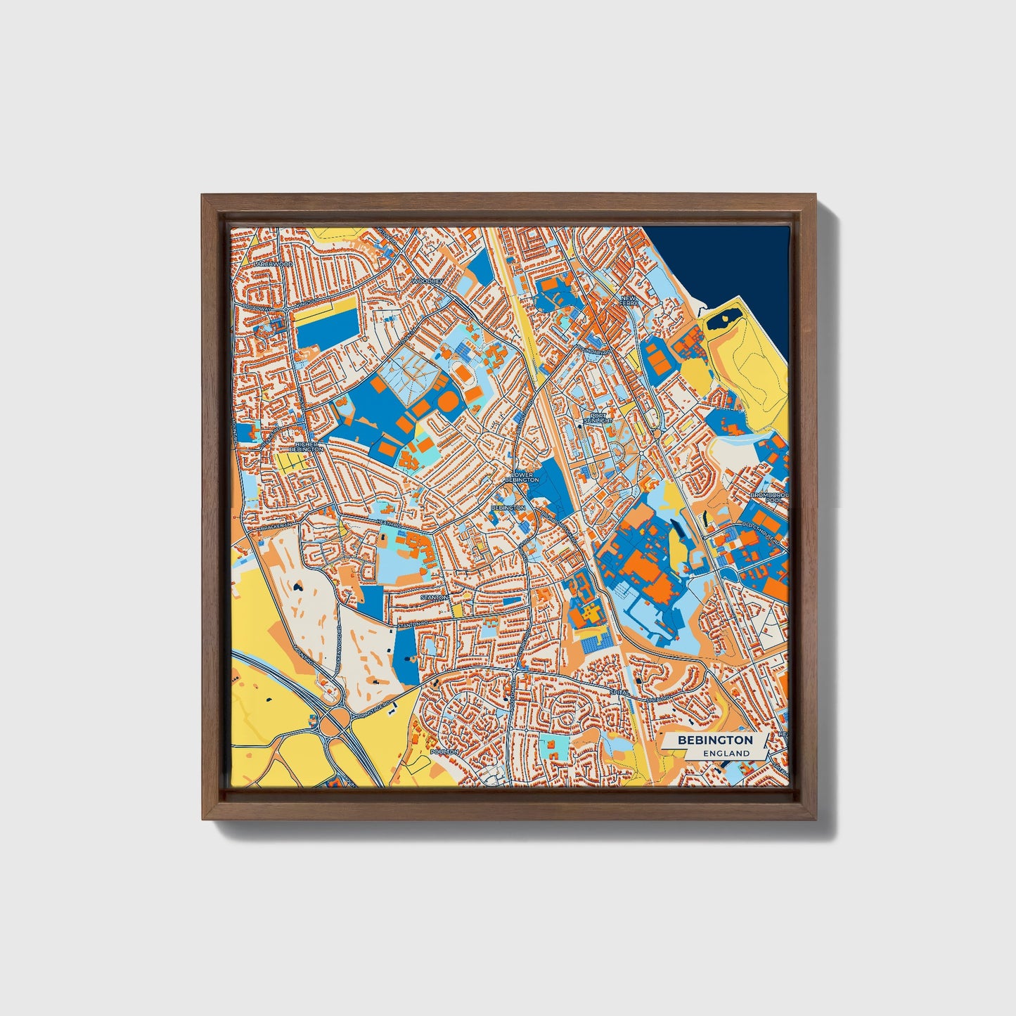 Bebington England Colorful City Map Canvas Print • Dark Wooden Framed