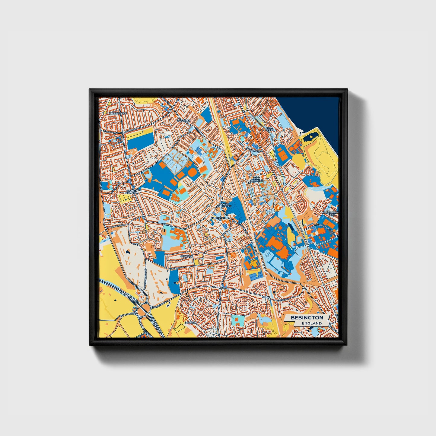 Bebington England Colorful City Map Canvas Print • Black Framed