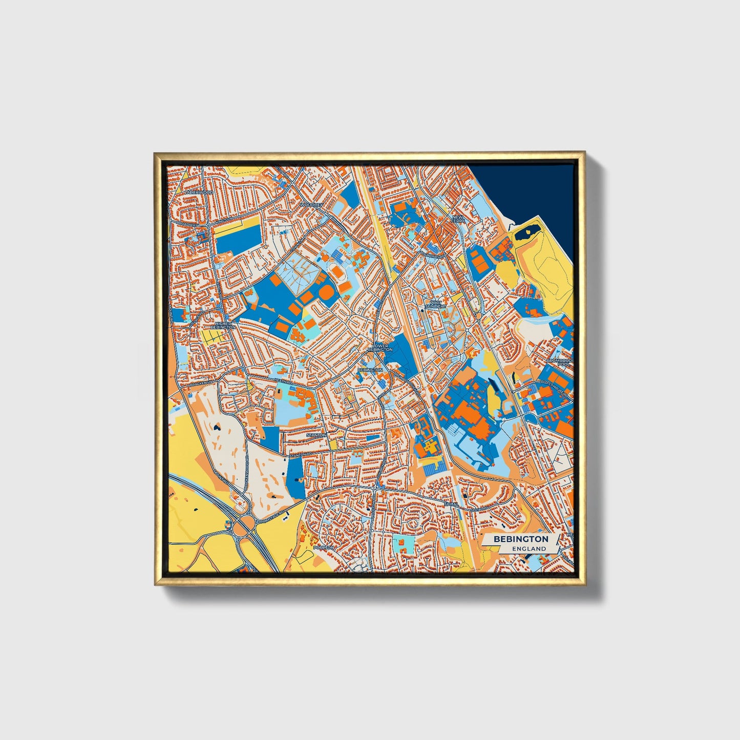 Bebington England Colorful City Map Canvas Print • Gold Framed