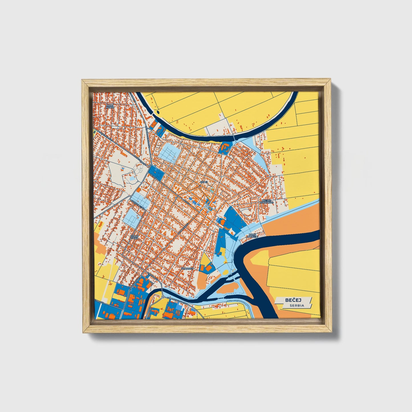 Бечеј Serbia Colorful City Map Canvas Print • Natural Wooden Framed