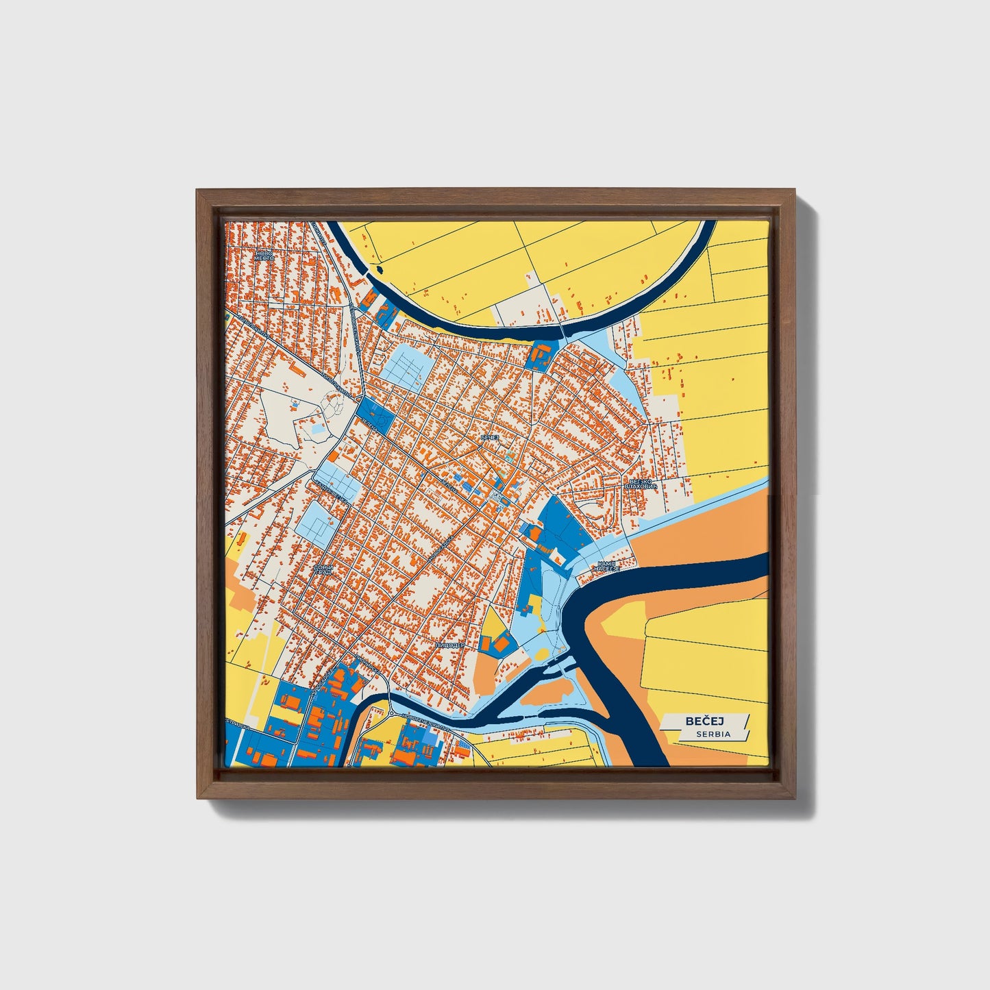 Бечеј Serbia Colorful City Map Canvas Print • Dark Wooden Framed