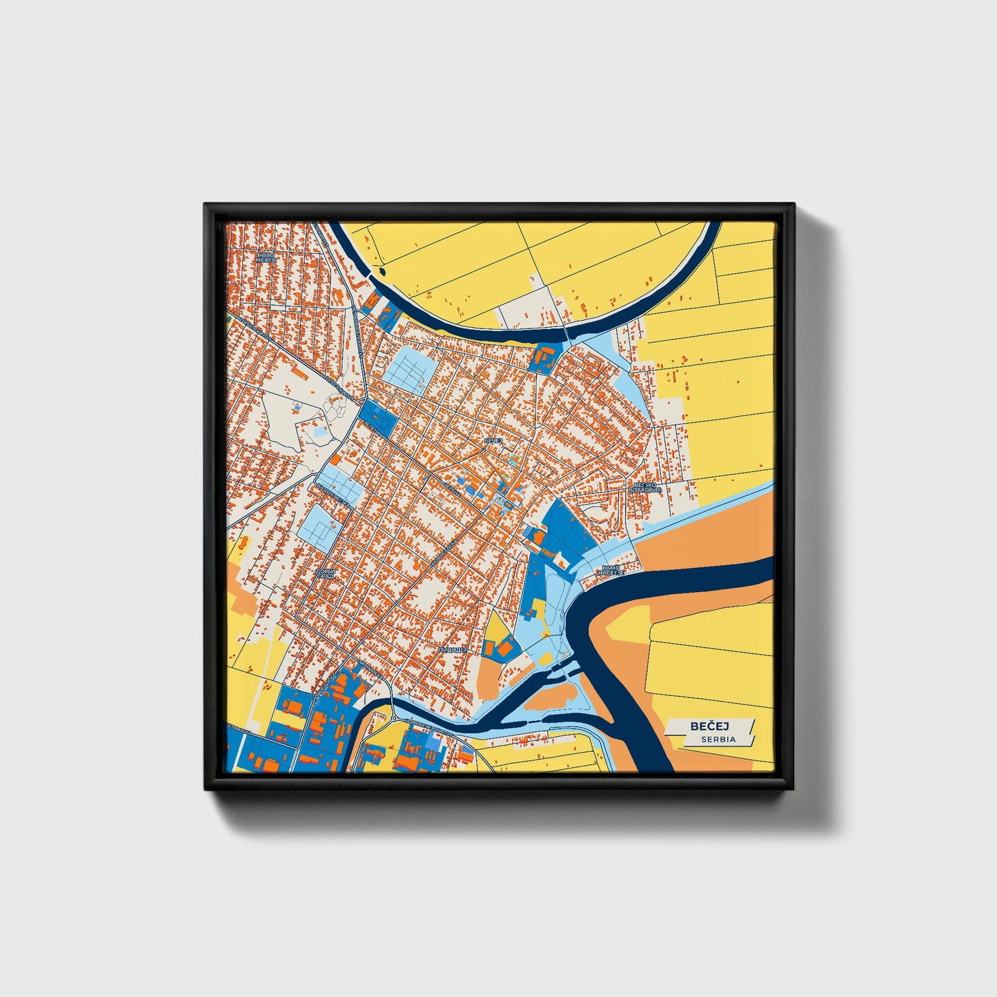 Бечеј Serbia Colorful City Map Canvas Print • Black Framed