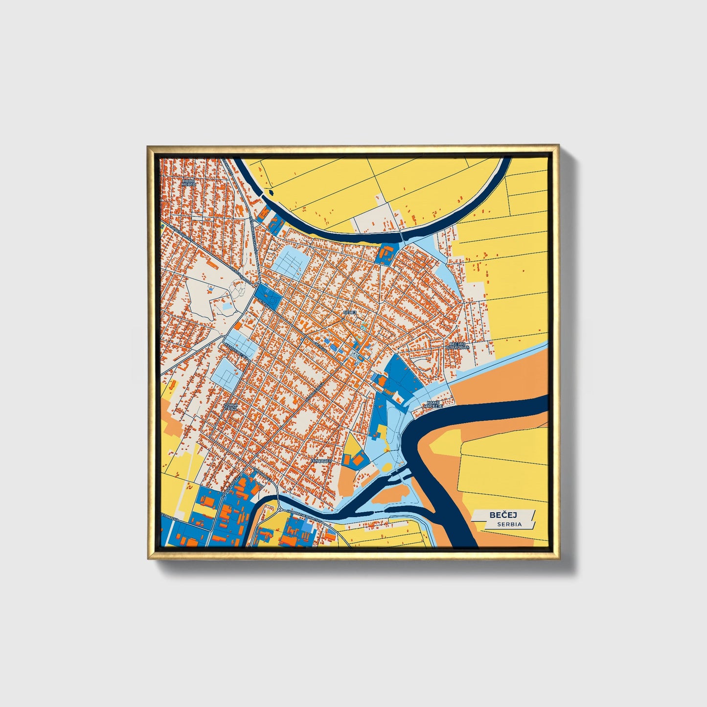 Бечеј Serbia Colorful City Map Canvas Print • Gold Framed