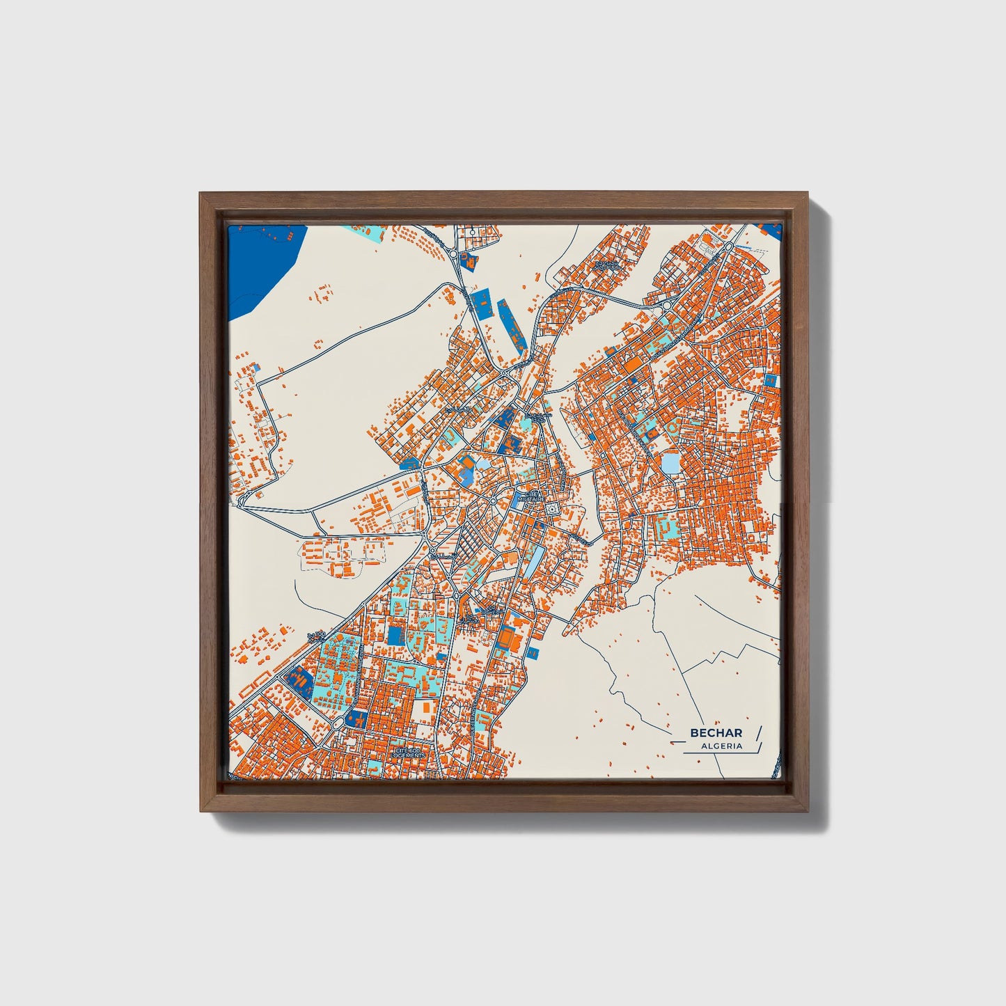 Bechar Algeria Colorful City Map Canvas Print • Dark Wooden Framed
