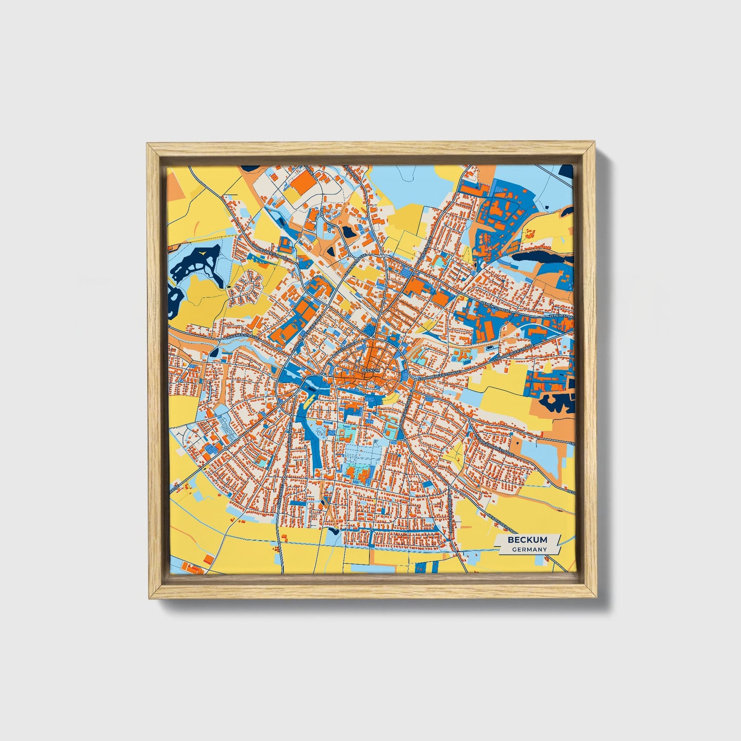 Beckum Germany Colorful City Map Canvas Print • Natural Wooden Framed