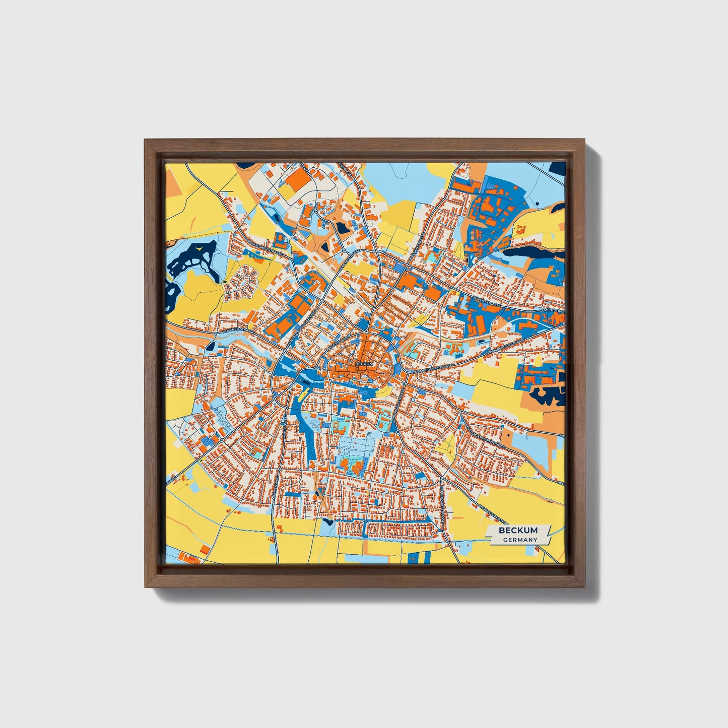 Beckum Germany Colorful City Map Canvas Print • Dark Wooden Framed