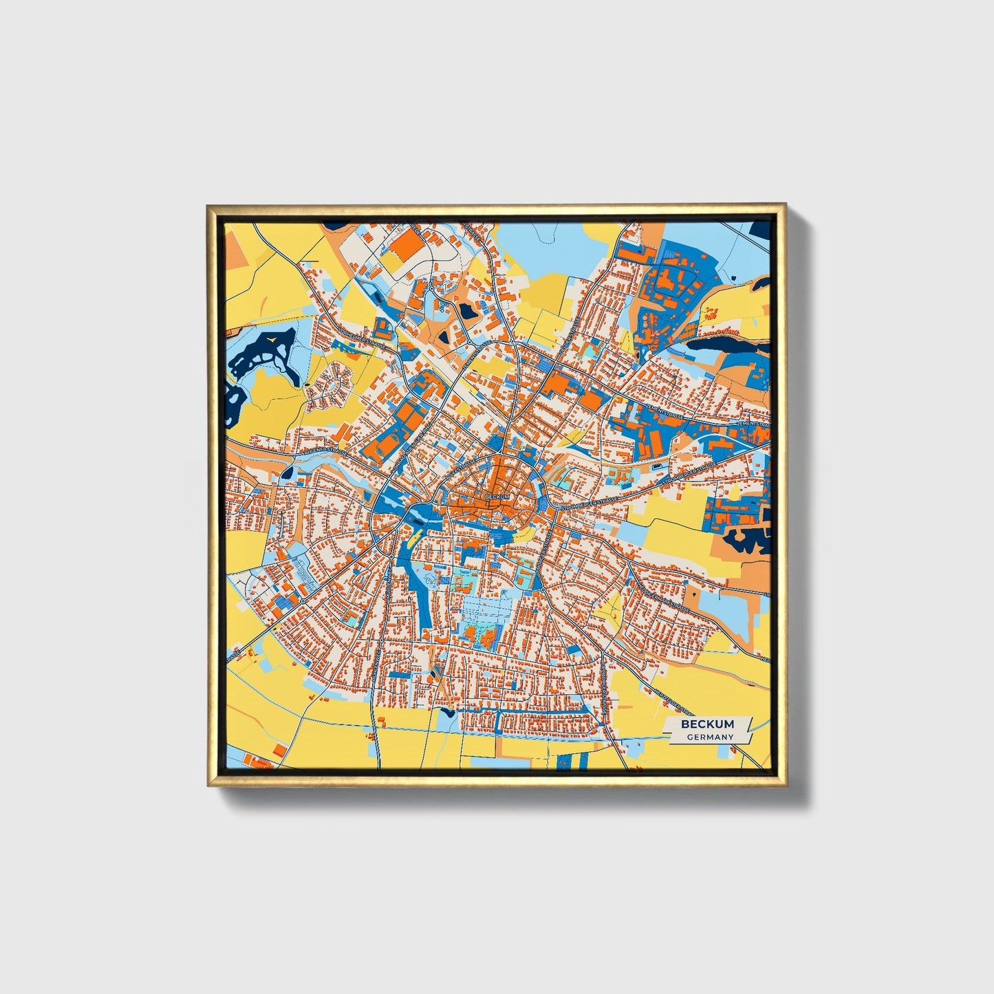 Beckum Germany Colorful City Map Canvas Print • Gold Framed