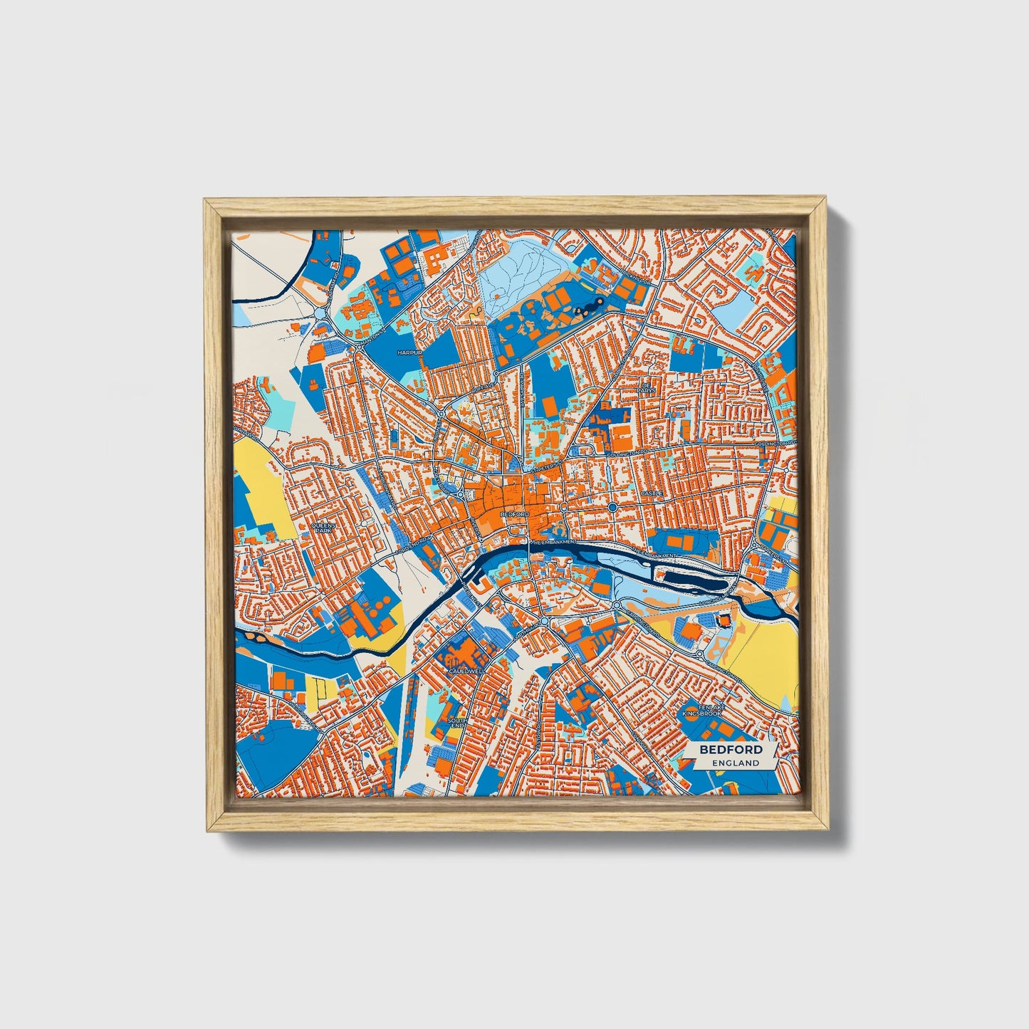 Bedford England Colorful City Map Canvas Print • Natural Wooden Framed