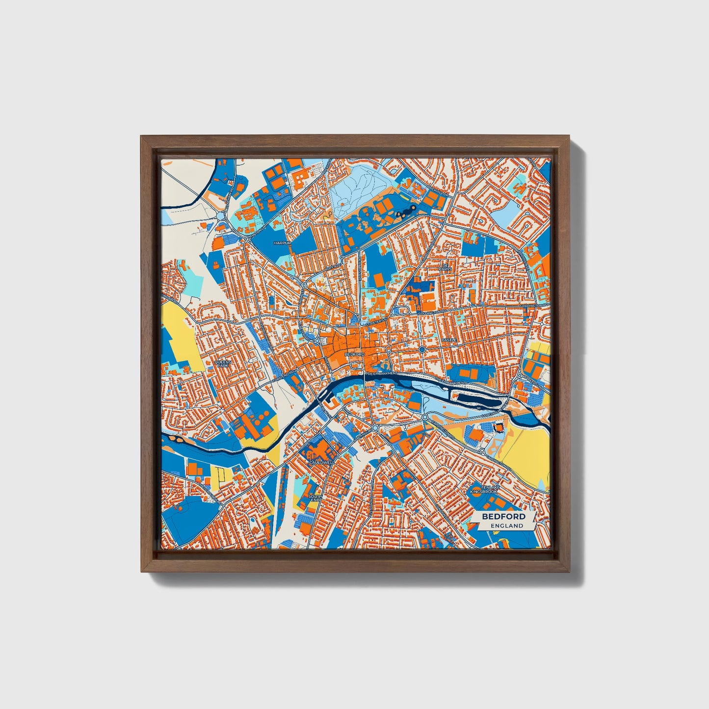 Bedford England Colorful City Map Canvas Print • Dark Wooden Framed