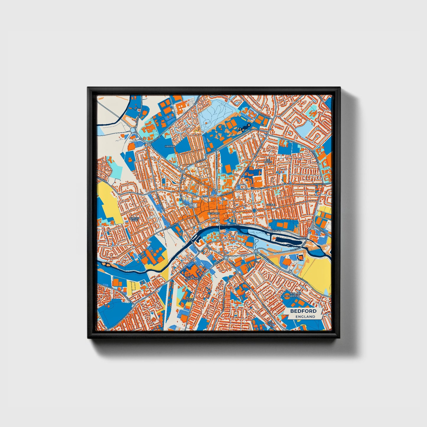 Bedford England Colorful City Map Canvas Print • Black Framed