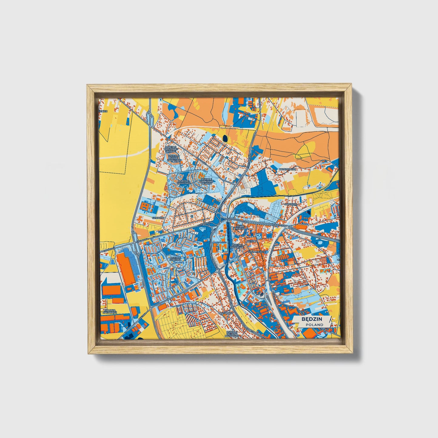Będzin Poland Colorful City Map Canvas Print • Natural Wooden Framed