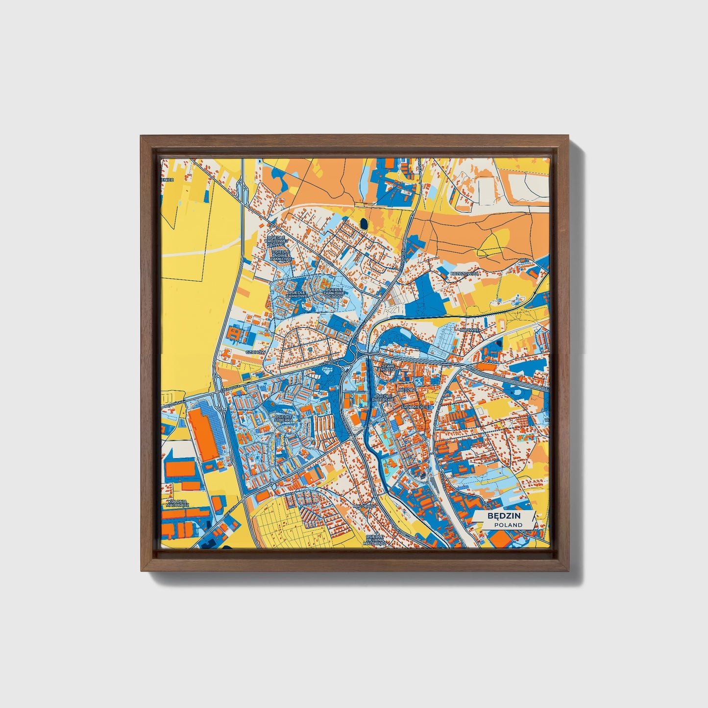 Będzin Poland Colorful City Map Canvas Print • Dark Wooden Framed