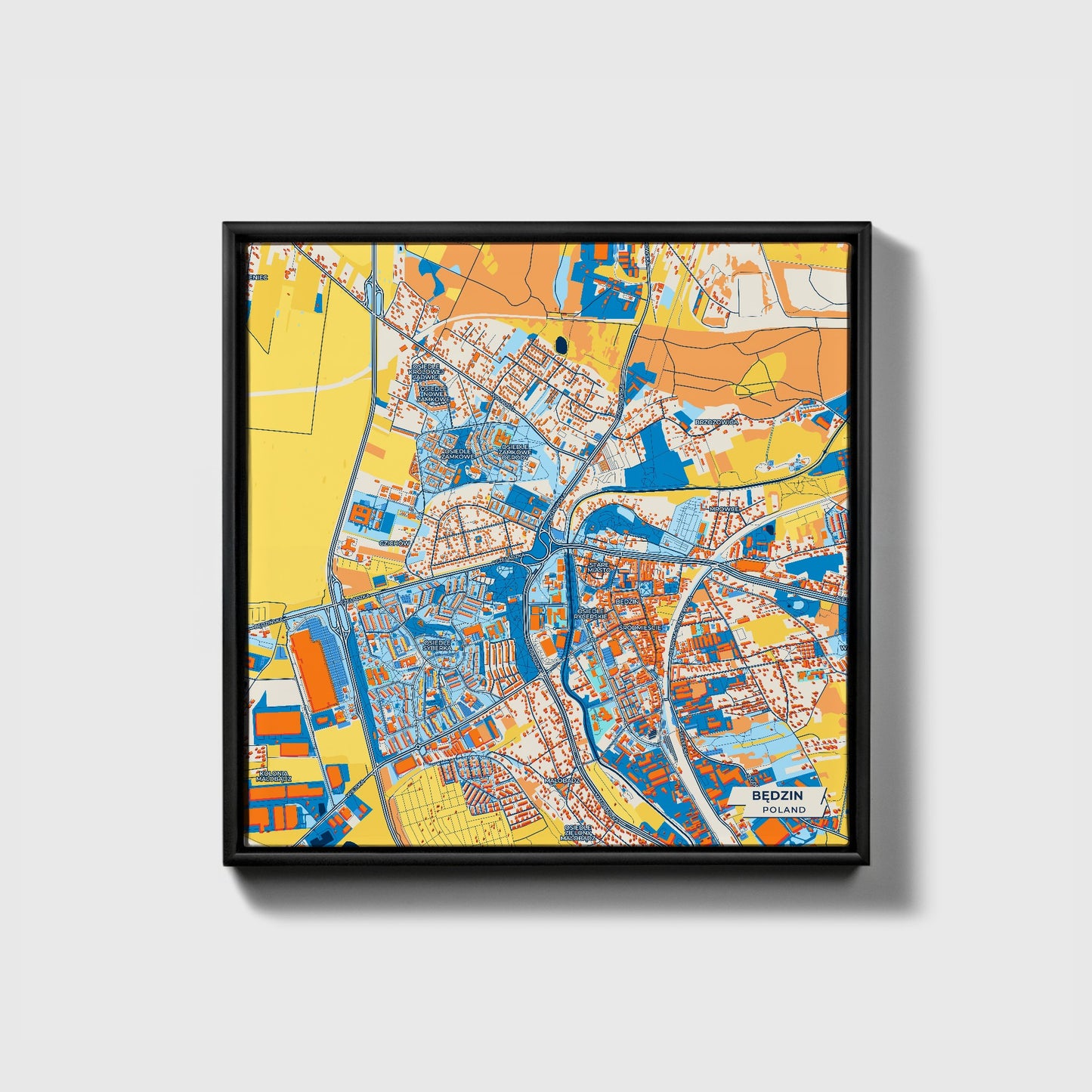 Będzin Poland Colorful City Map Canvas Print • Black Framed
