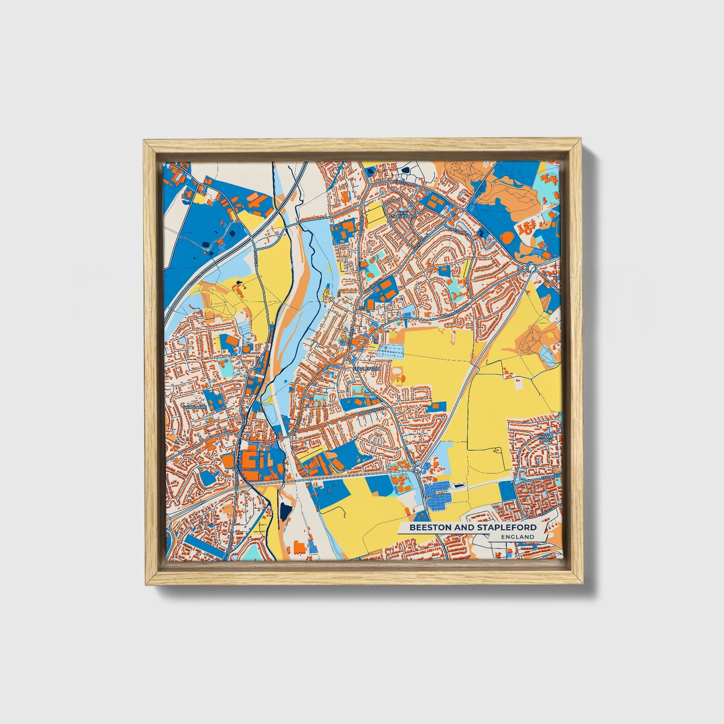 Beeston And Stapleford England Colorful City Map Canvas Print • Natural Wooden Framed