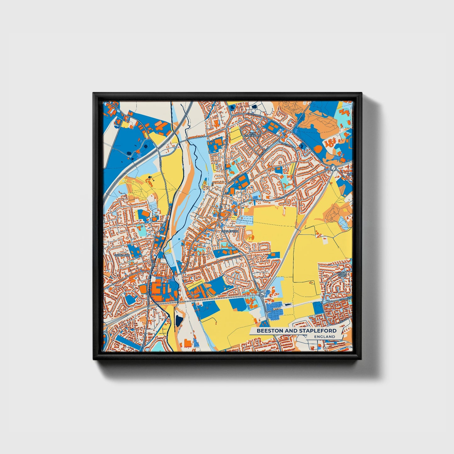 Beeston And Stapleford England Colorful City Map Canvas Print • Black Framed