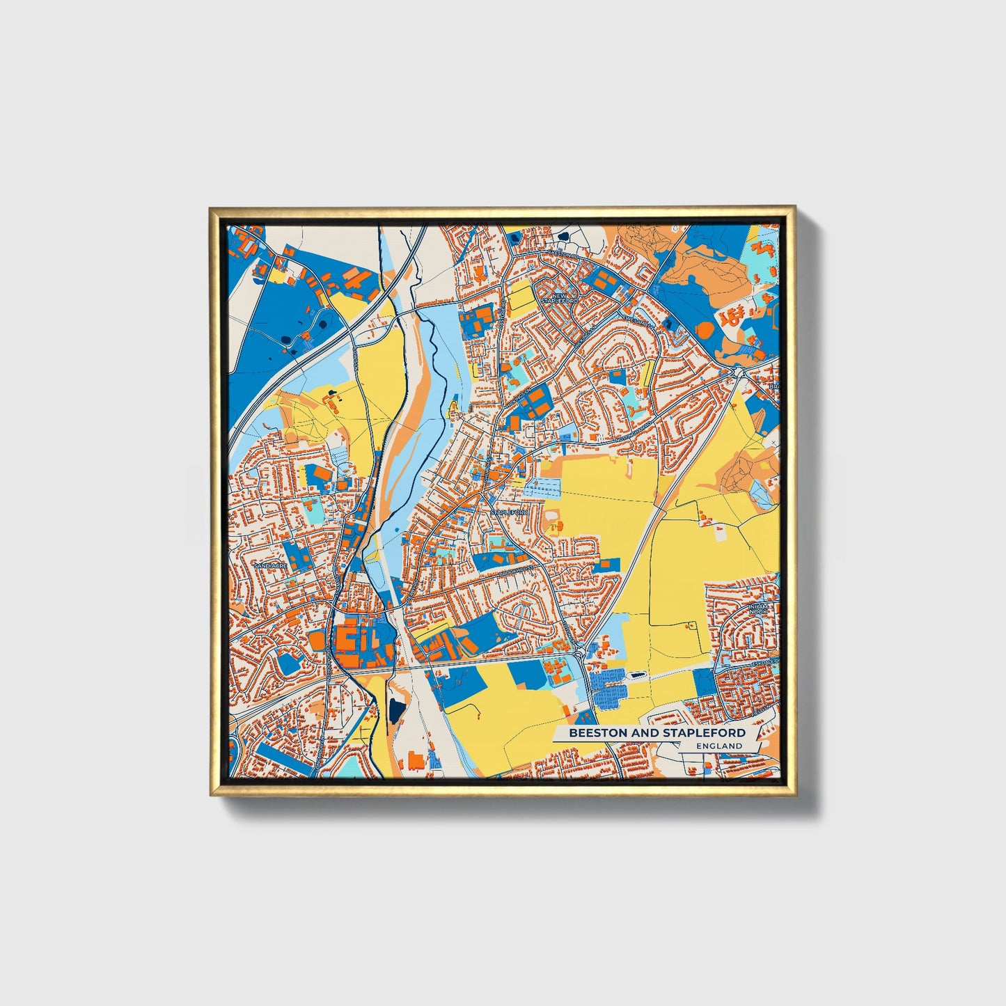 Beeston And Stapleford England Colorful City Map Canvas Print • Gold Framed
