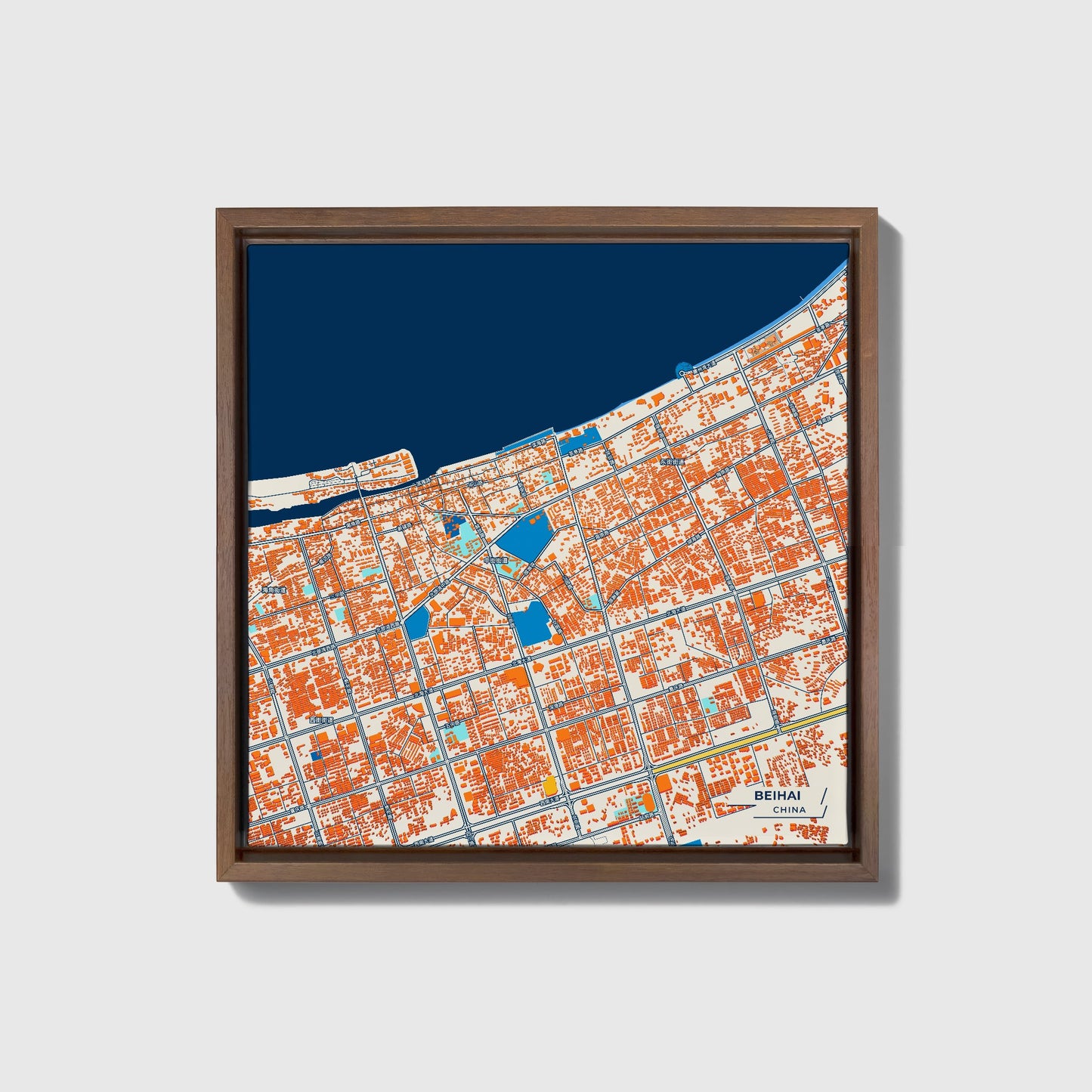 Beihai China Colorful City Map Canvas Print • Dark Wooden Framed