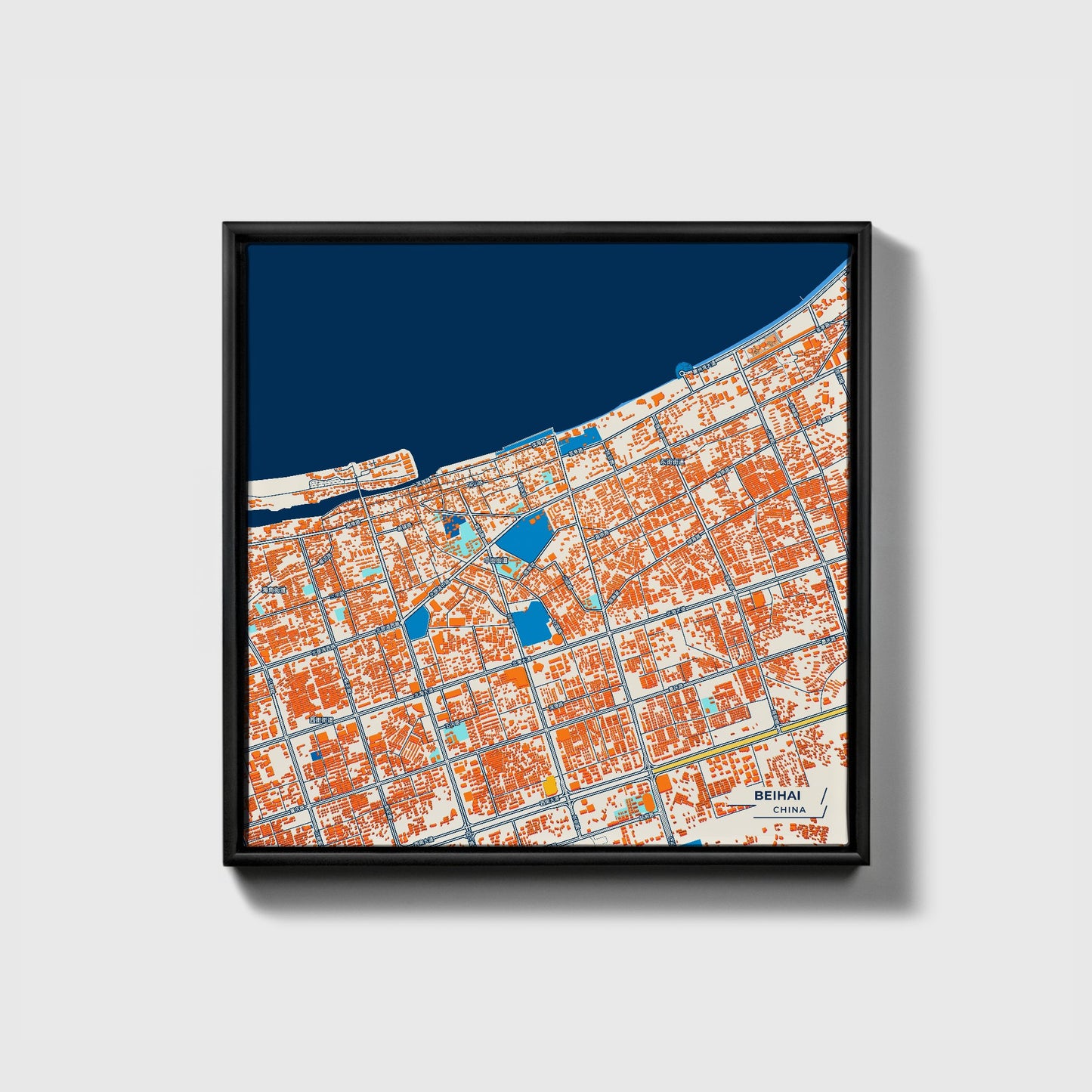 Beihai China Colorful City Map Canvas Print • Black Framed