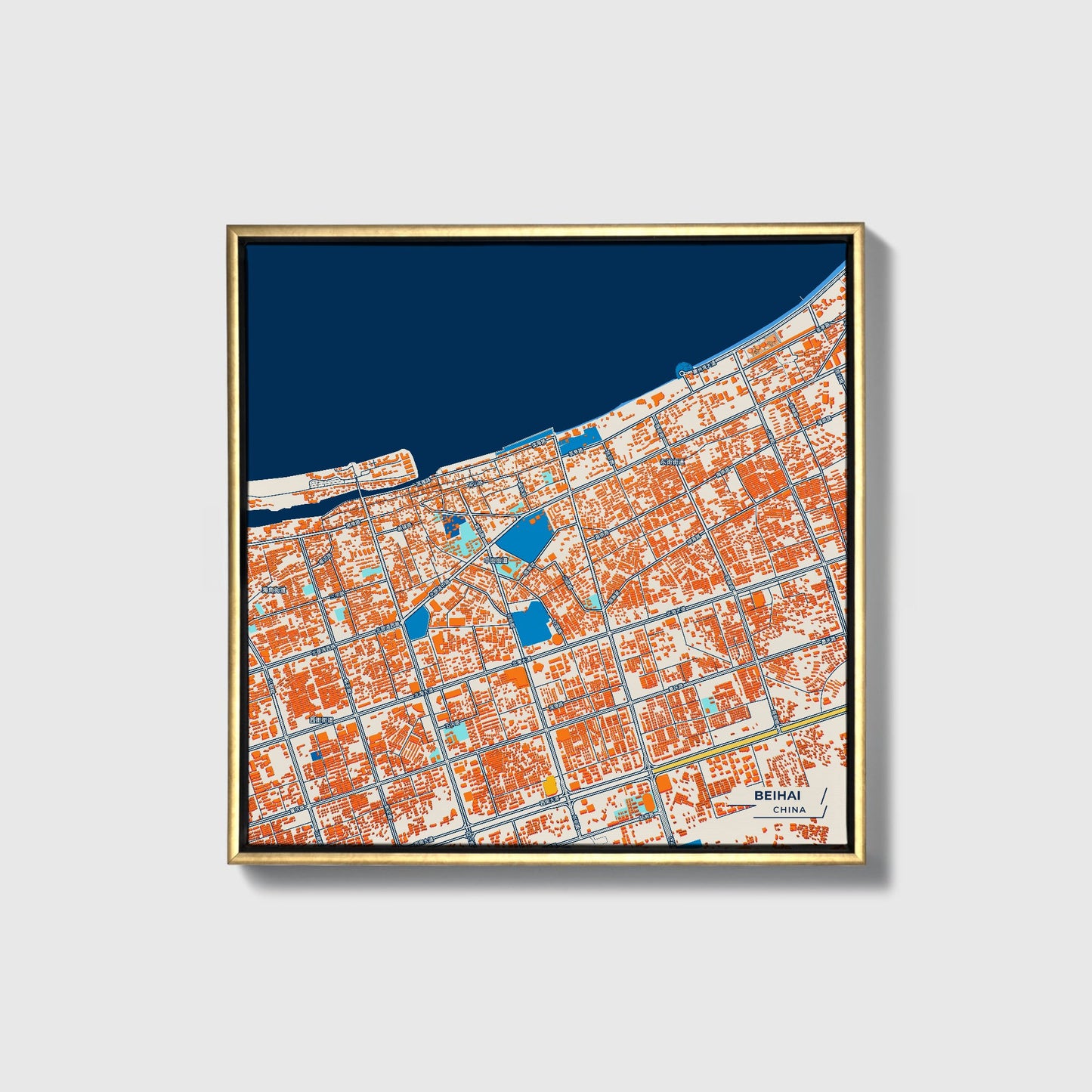 Beihai China Colorful City Map Canvas Print • Gold Framed