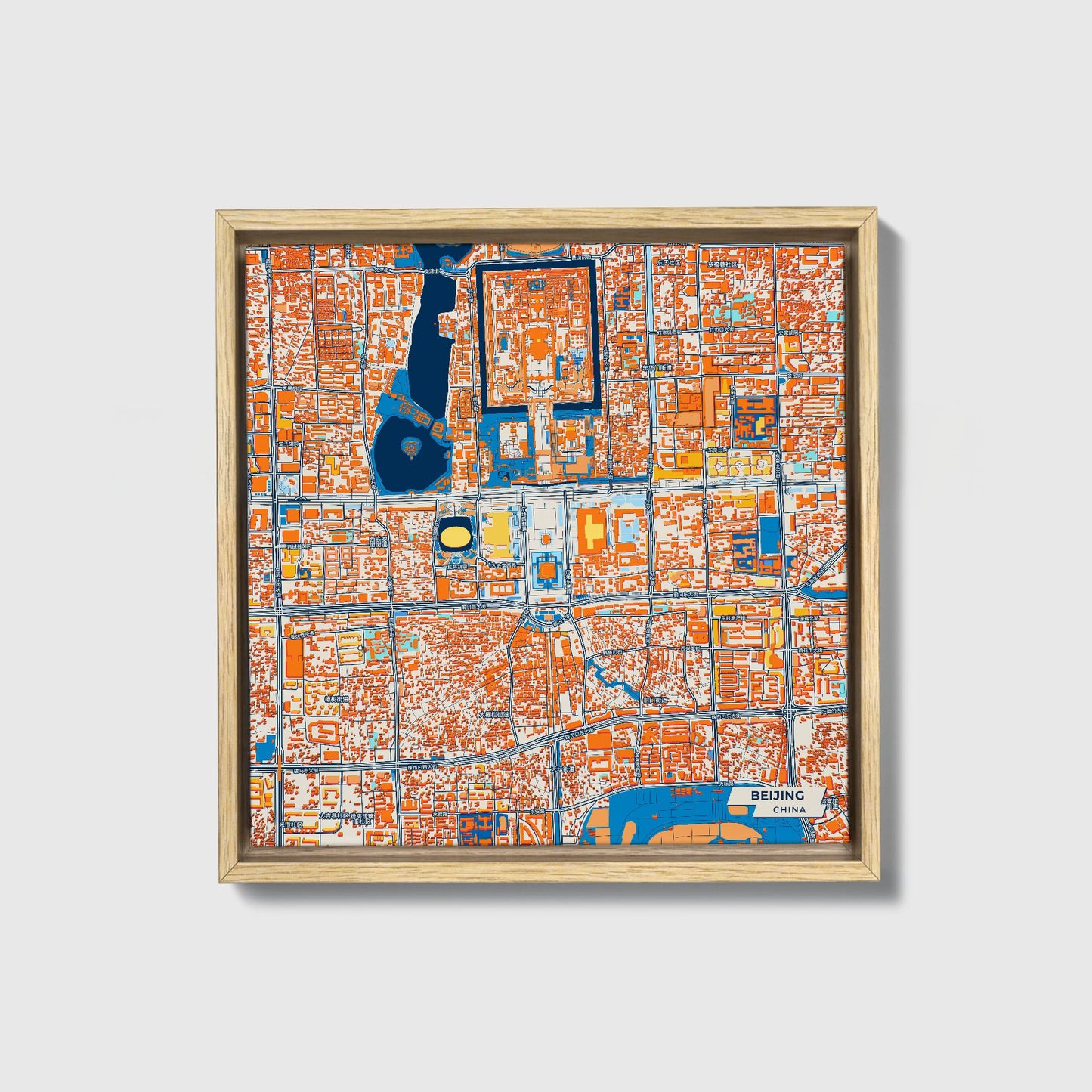 Beijing China Colorful City Map Canvas Print • Natural Wooden Framed