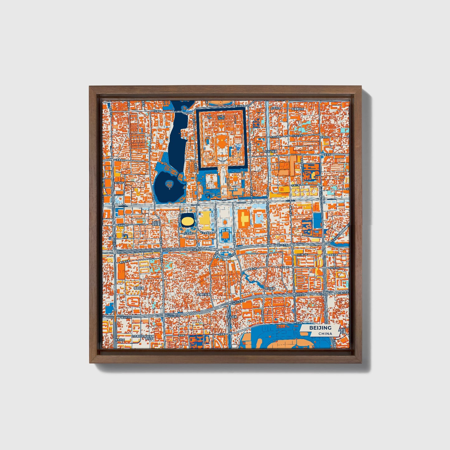 Beijing China Colorful City Map Canvas Print • Dark Wooden Framed
