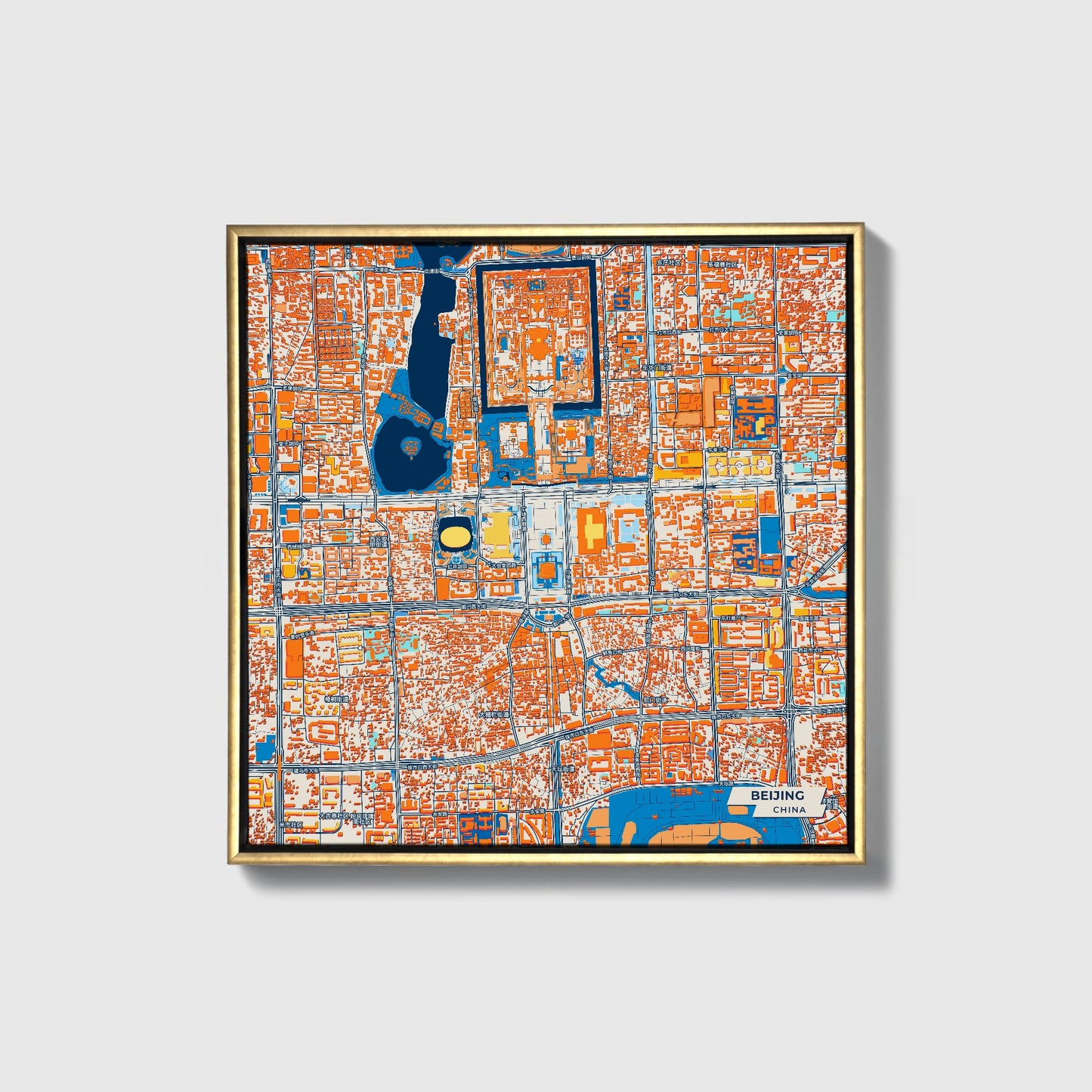 Beijing China Colorful City Map Canvas Print • Gold Framed