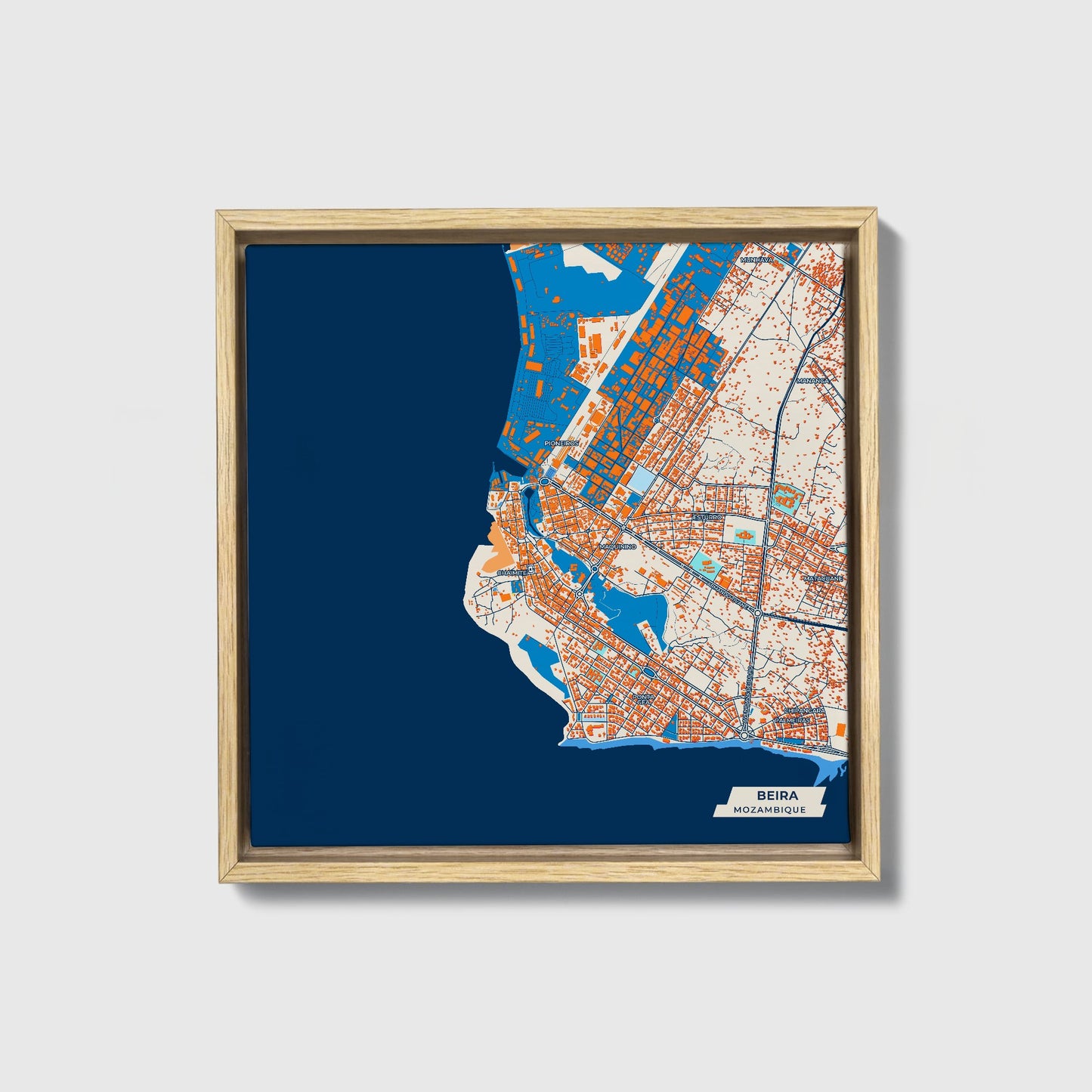 Beira Mozambique Colorful City Map Canvas Print • Natural Wooden Framed
