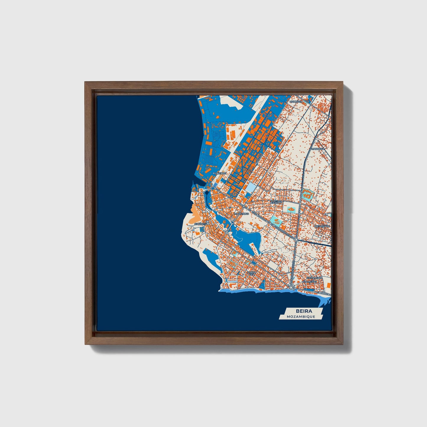 Beira Mozambique Colorful City Map Canvas Print • Dark Wooden Framed