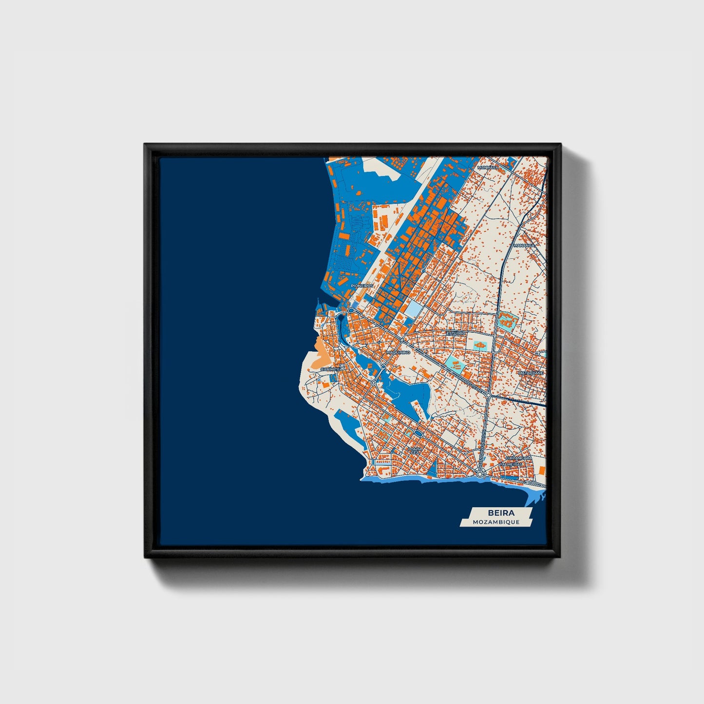 Beira Mozambique Colorful City Map Canvas Print • Black Framed