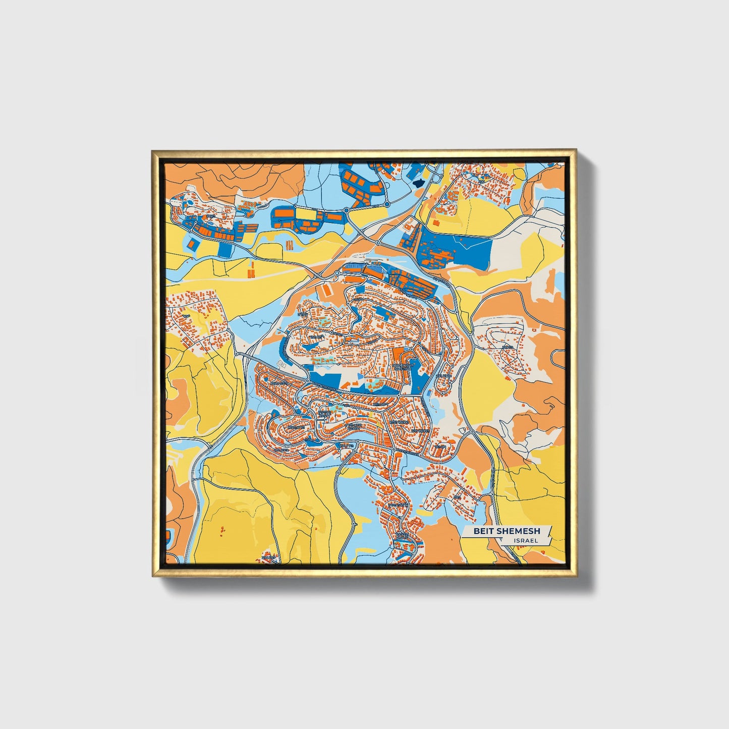 Beit Shemesh Israel Colorful City Map Canvas Print • Gold Framed
