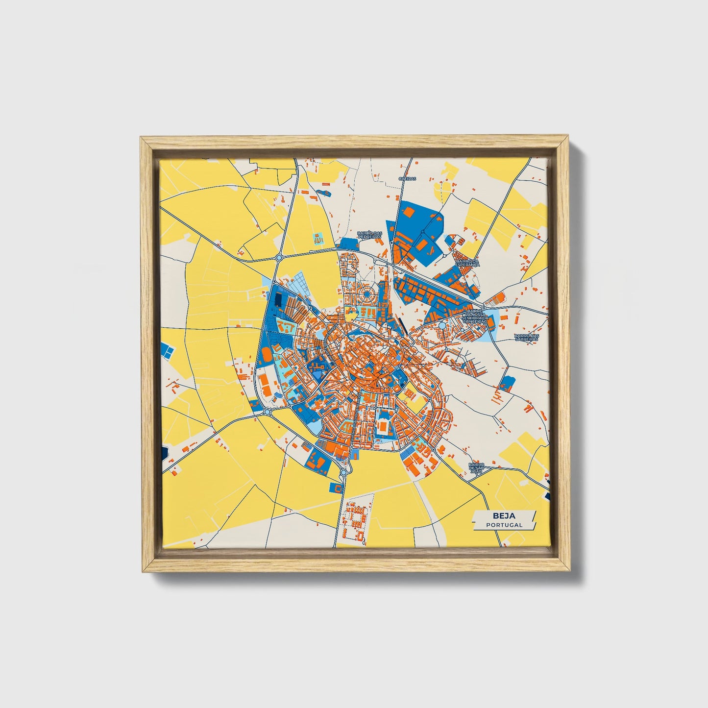 Beja Portugal Colorful City Map Canvas Print • Natural Wooden Framed