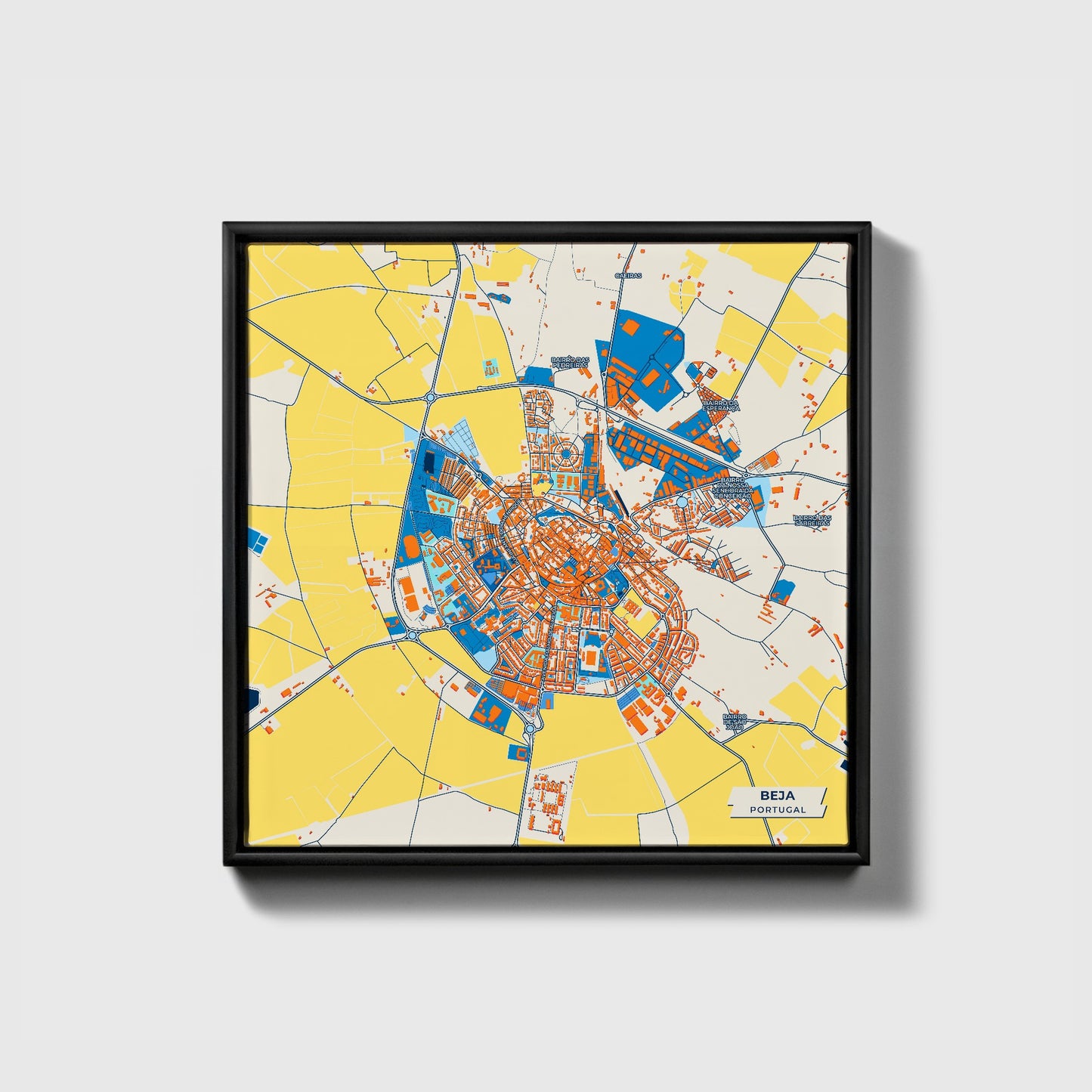 Beja Portugal Colorful City Map Canvas Print • Black Framed
