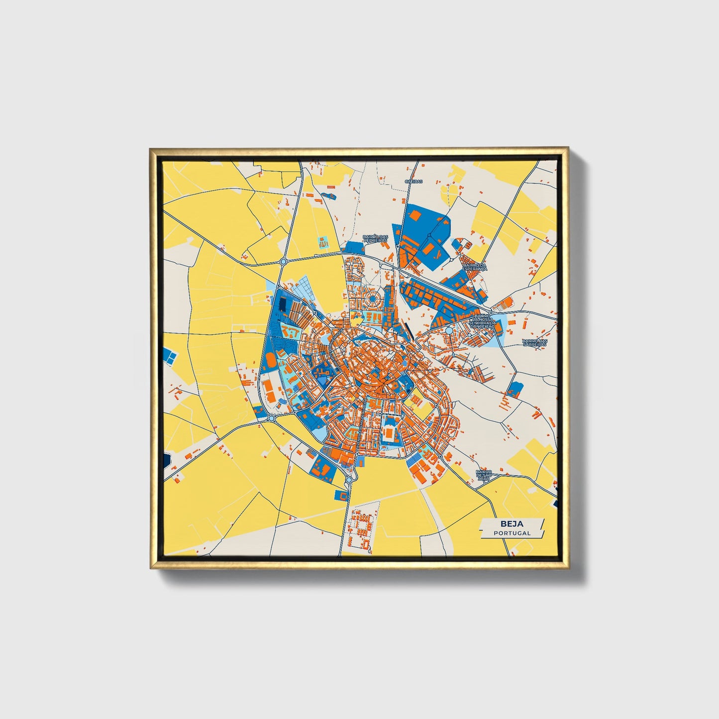 Beja Portugal Colorful City Map Canvas Print • Gold Framed