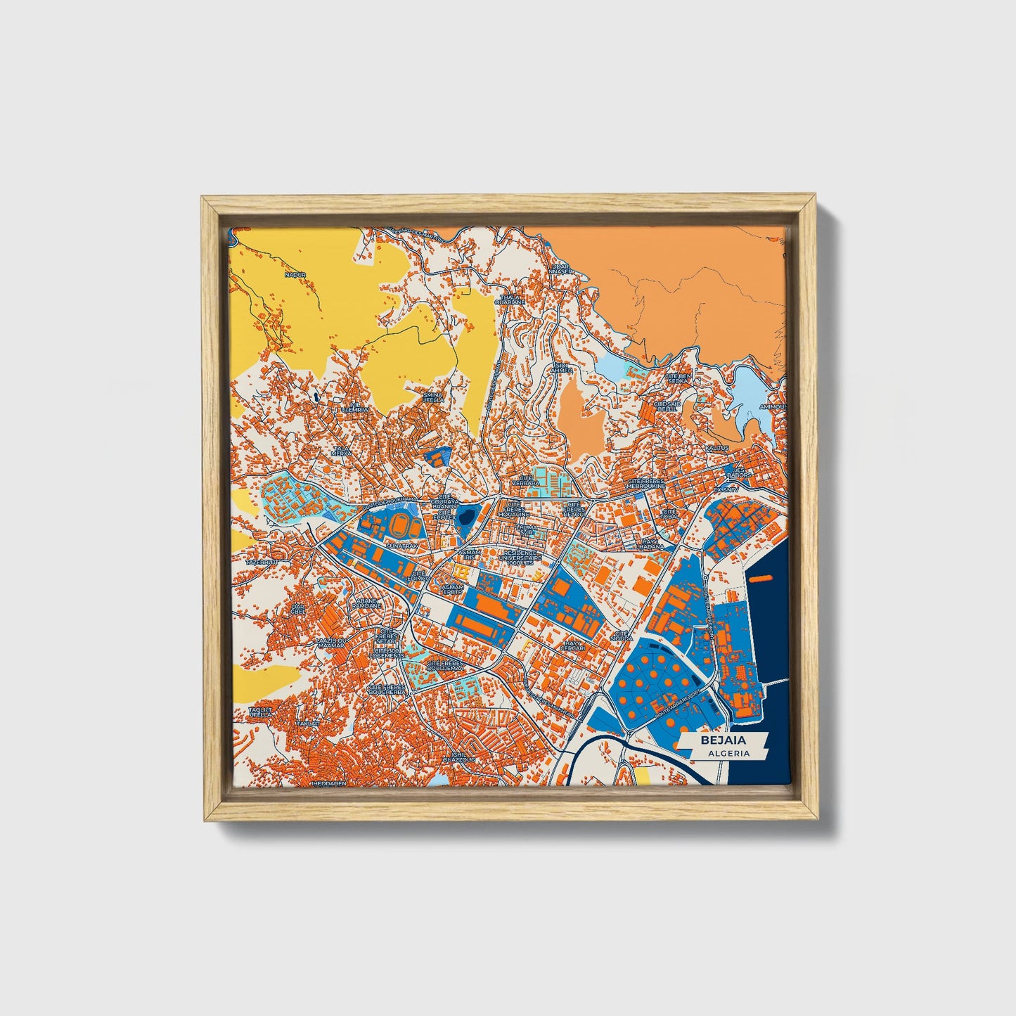 Bejaia Algeria Colorful City Map Canvas Print • Natural Wooden Framed
