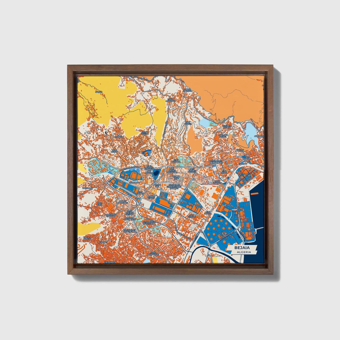 Bejaia Algeria Colorful City Map Canvas Print • Dark Wooden Framed