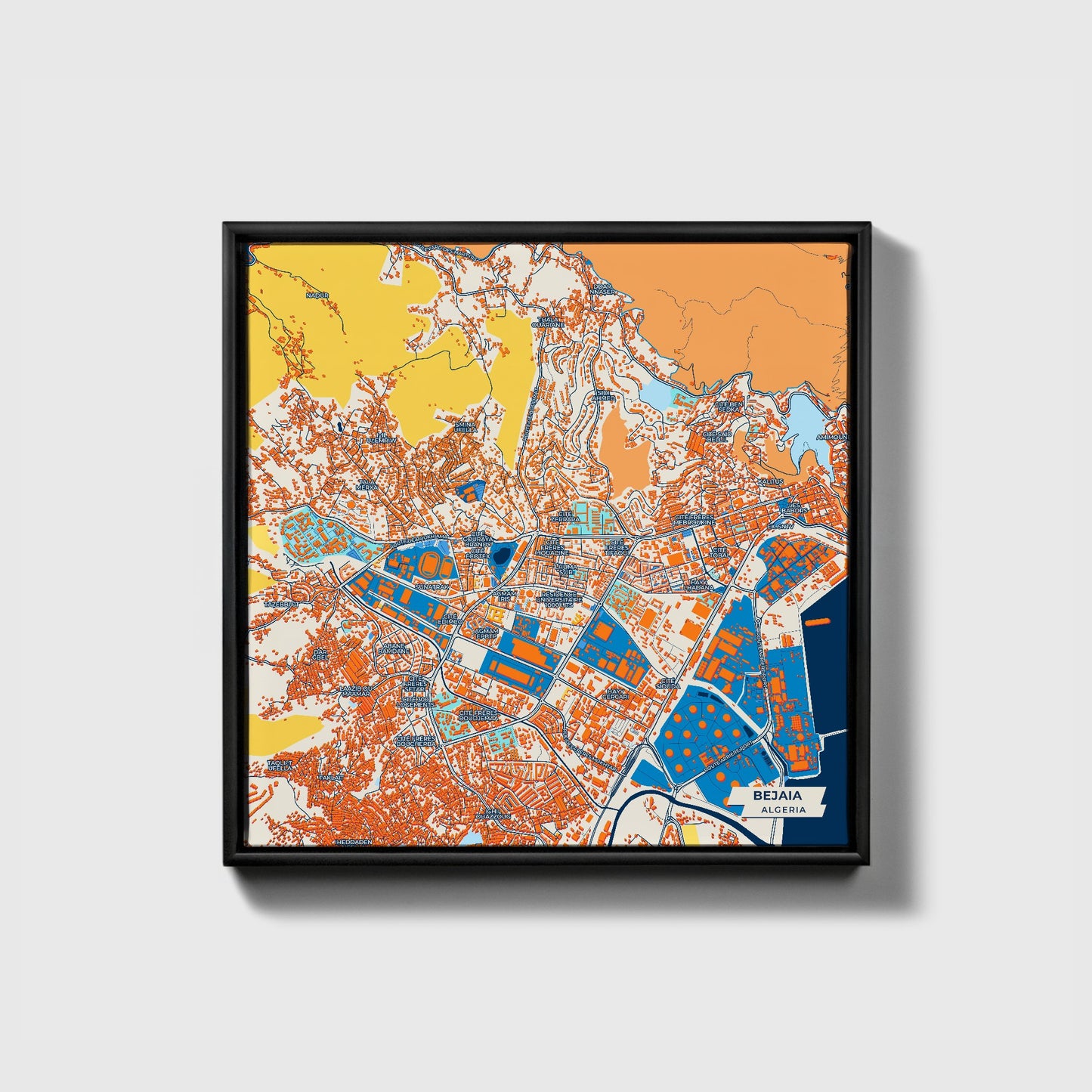 Bejaia Algeria Colorful City Map Canvas Print • Black Framed