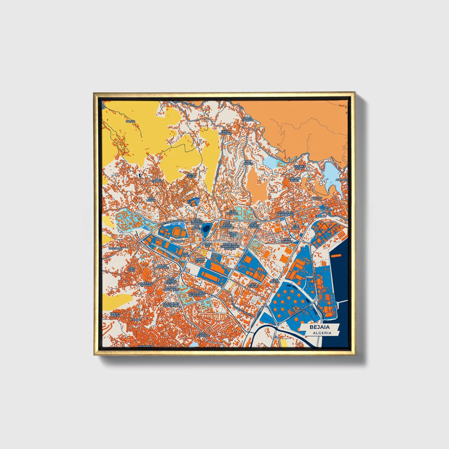 Bejaia Algeria Colorful City Map Canvas Print • Gold Framed