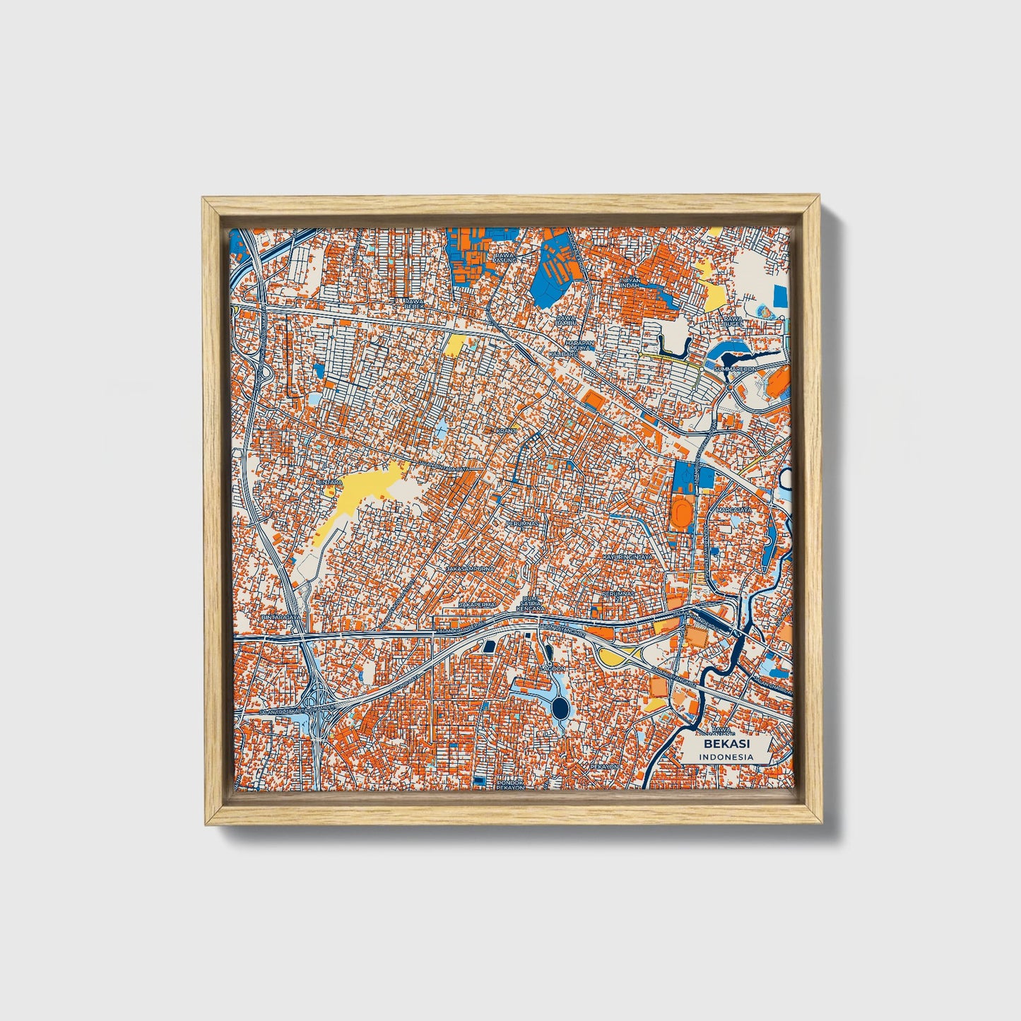 Bekasi Indonesia Colorful City Map Canvas Print • Natural Wooden Framed