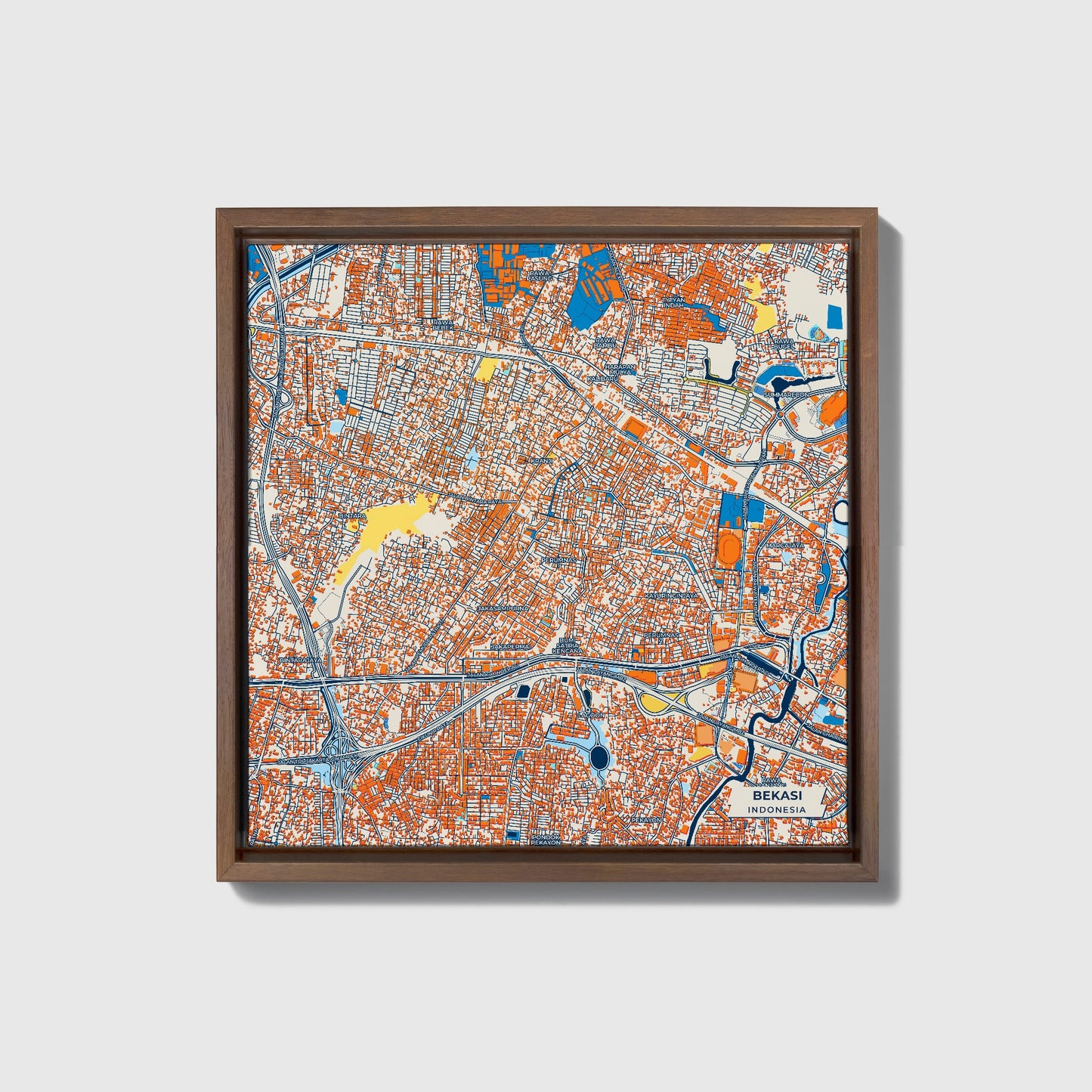 Bekasi Indonesia Colorful City Map Canvas Print • Dark Wooden Framed