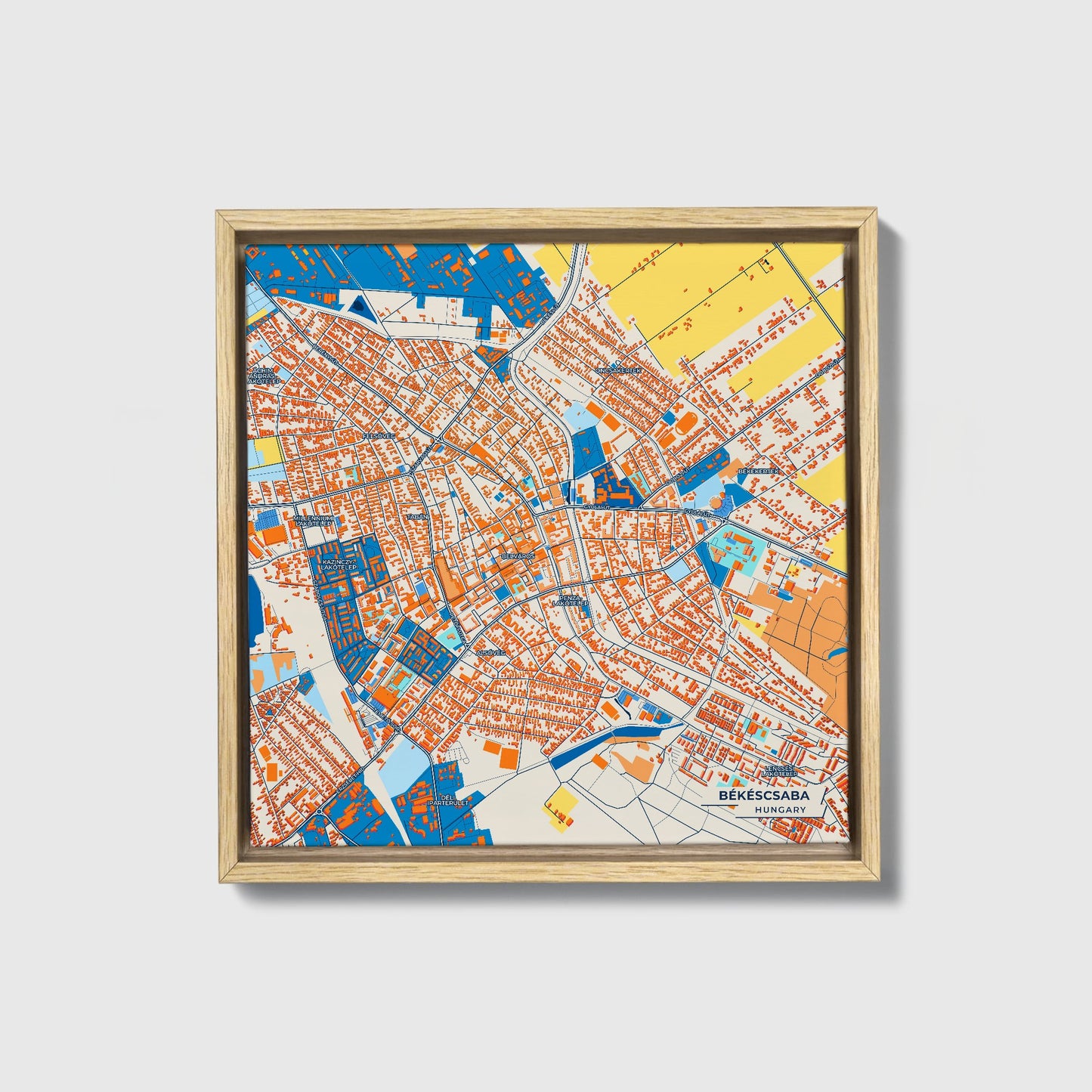 Békéscsaba Hungary Colorful City Map Canvas Print • Natural Wooden Framed